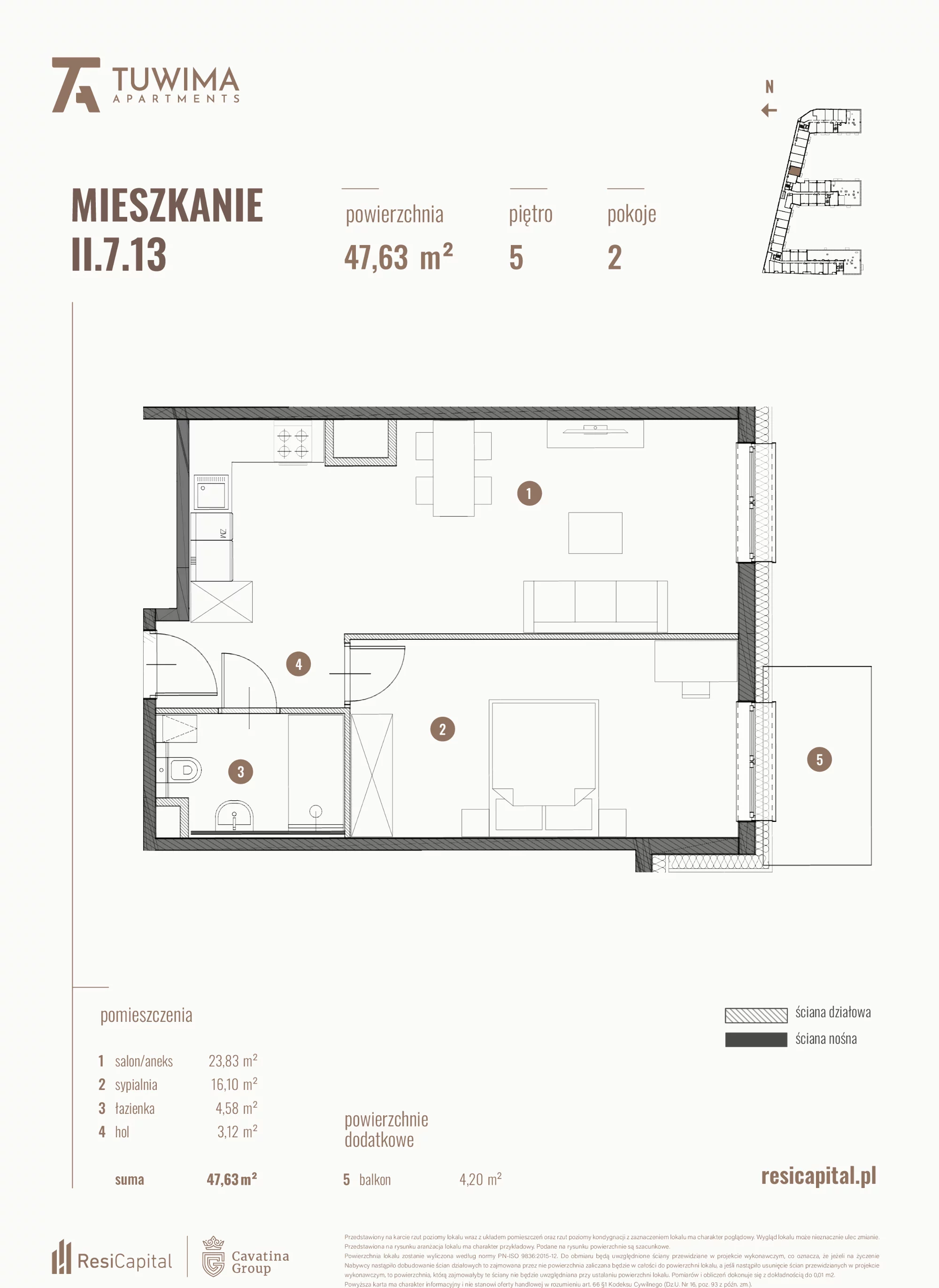 2 pokoje, mieszkanie 47,63 m², piętro 5, oferta nr II.7.13, Apartamenty Tuwima, Łódź, Śródmieście, ul. Juliana Tuwima
