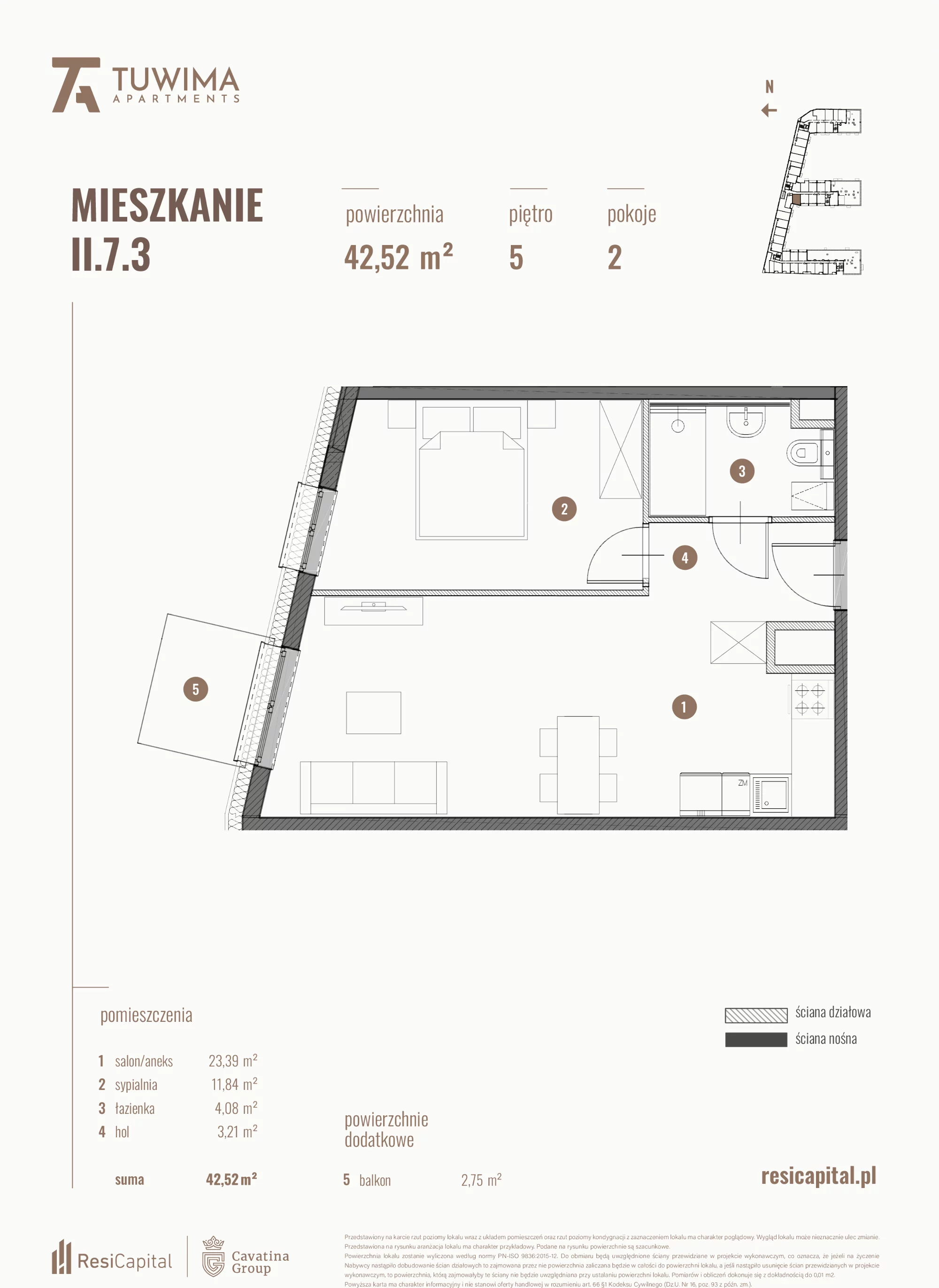 Mieszkanie 42,52 m², piętro 5, oferta nr II.7.3, Apartamenty Tuwima, Łódź, Śródmieście, ul. Juliana Tuwima