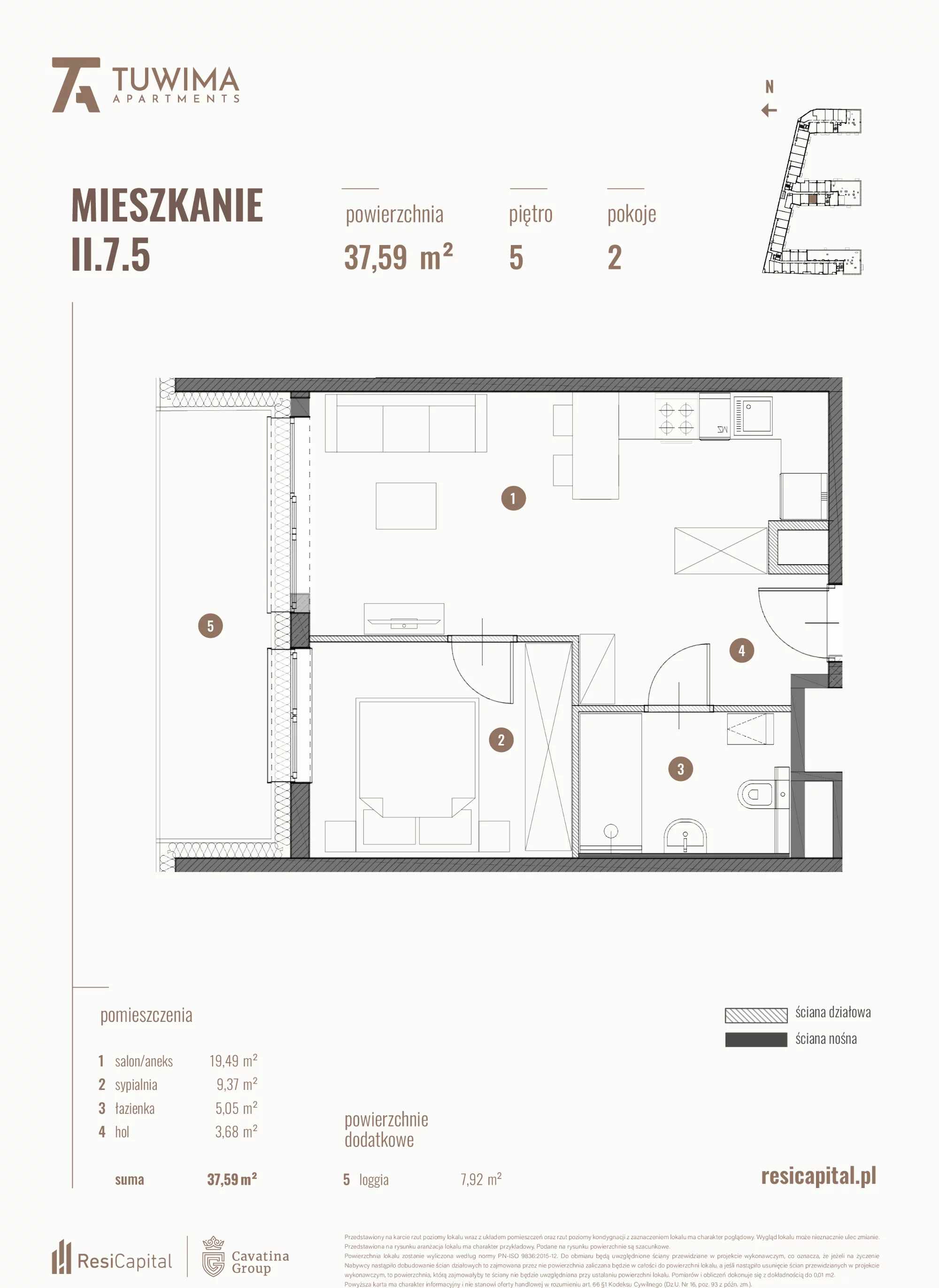 Mieszkanie 37,59 m², piętro 5, oferta nr II.7.5, Apartamenty Tuwima, Łódź, Śródmieście, ul. Juliana Tuwima