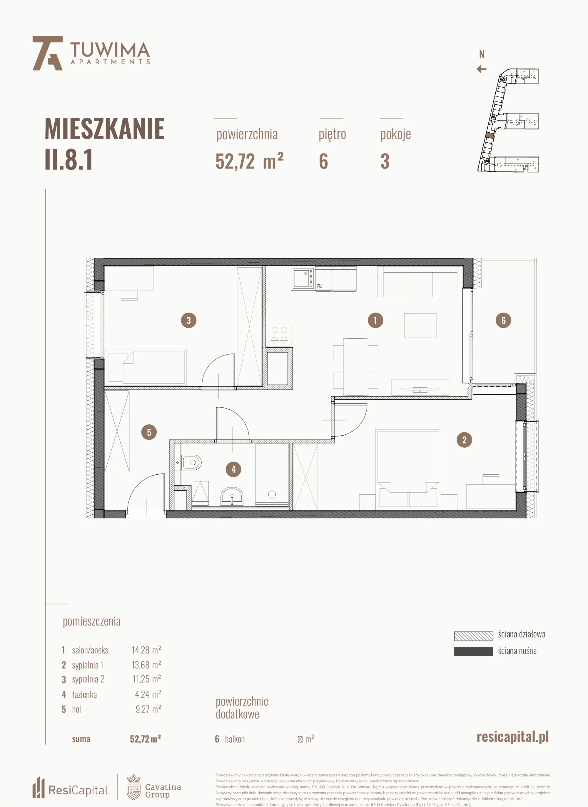 3 pokoje, mieszkanie 52,72 m², piętro 6, oferta nr II.8.1, Apartamenty Tuwima, Łódź, Śródmieście, ul. Juliana Tuwima