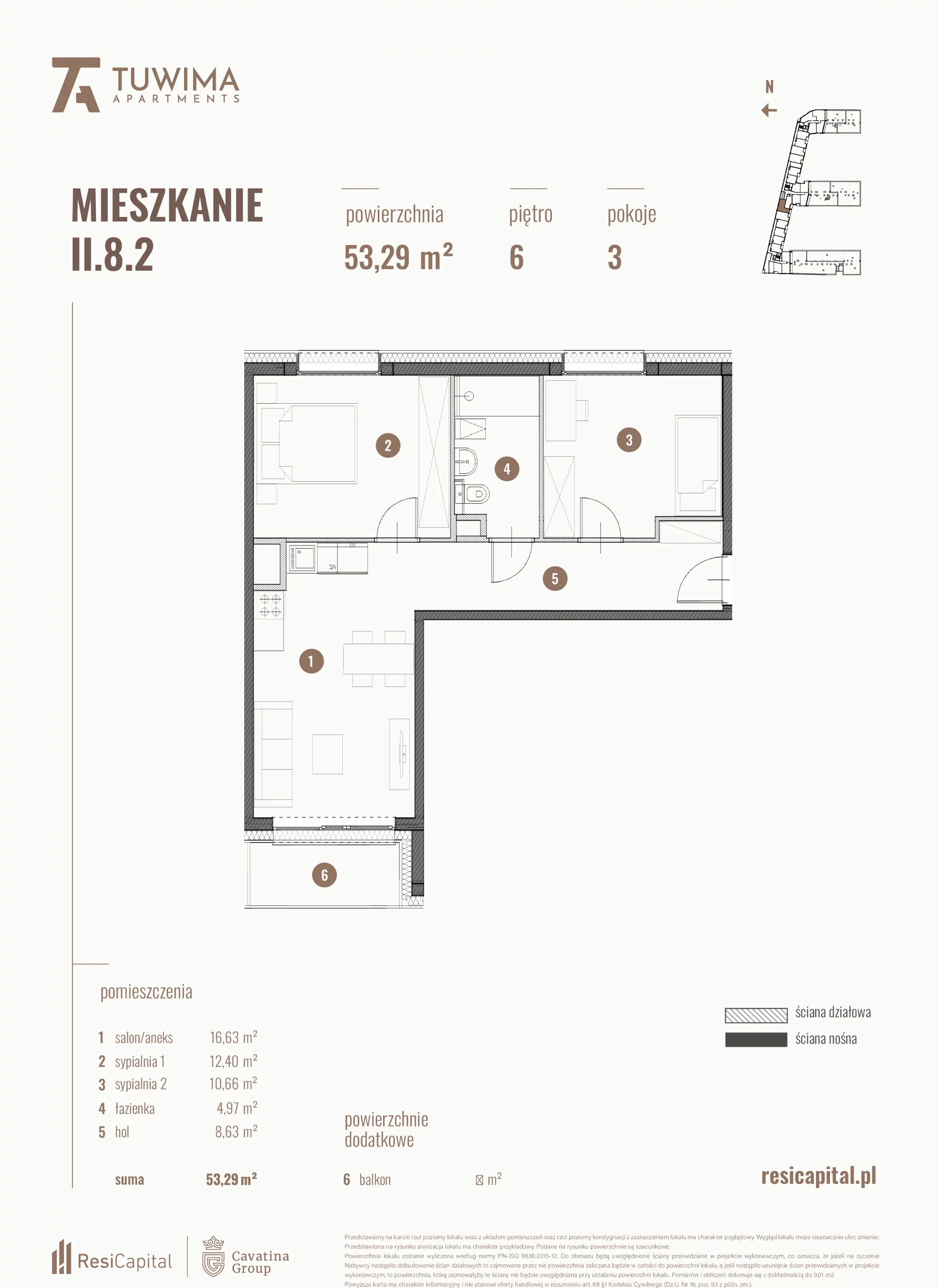 3 pokoje, mieszkanie 53,29 m², piętro 6, oferta nr II.8.2, Apartamenty Tuwima, Łódź, Śródmieście, ul. Juliana Tuwima