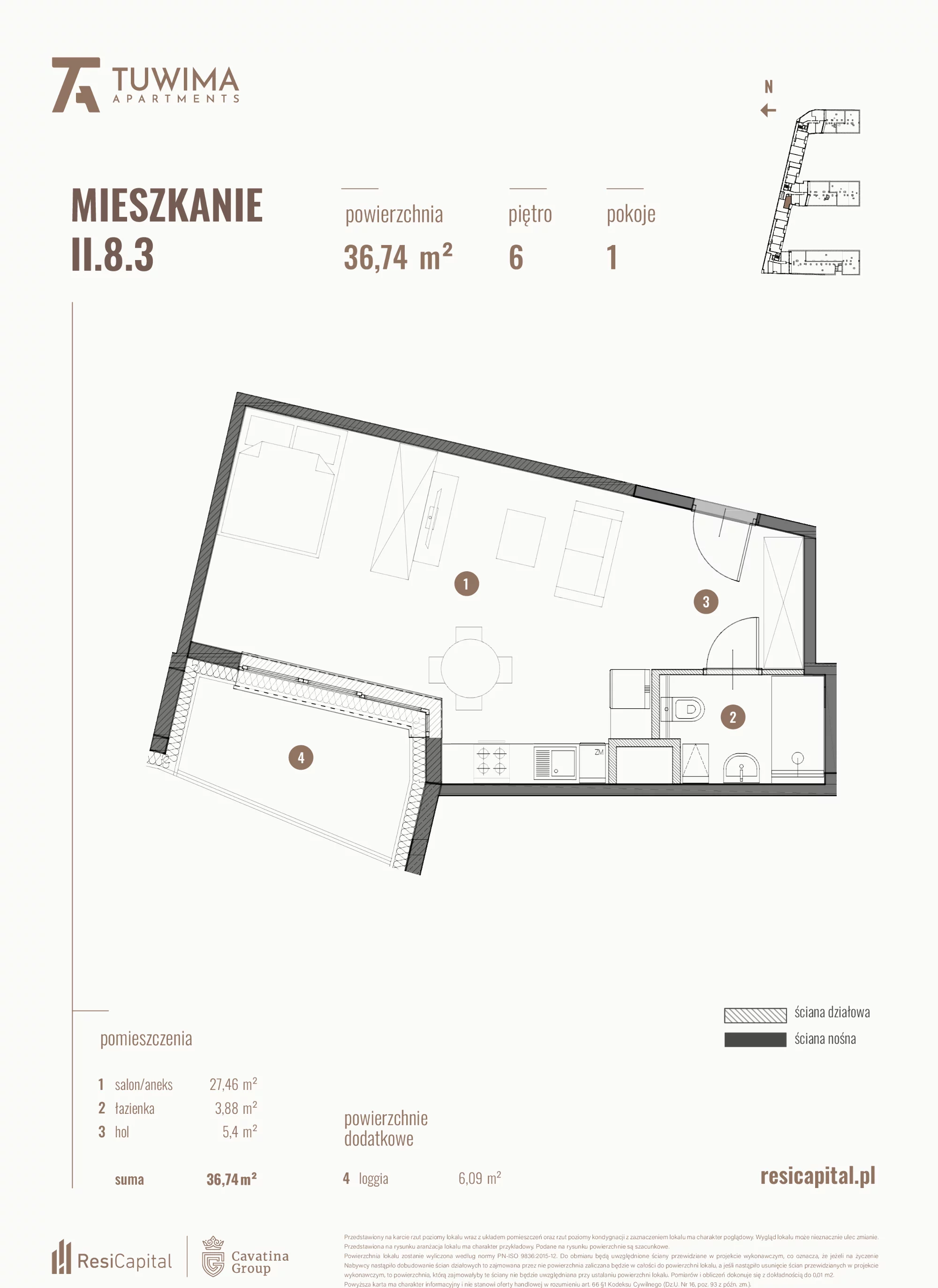 Mieszkanie 36,74 m², piętro 6, oferta nr II.8.3, Apartamenty Tuwima, Łódź, Śródmieście, ul. Juliana Tuwima