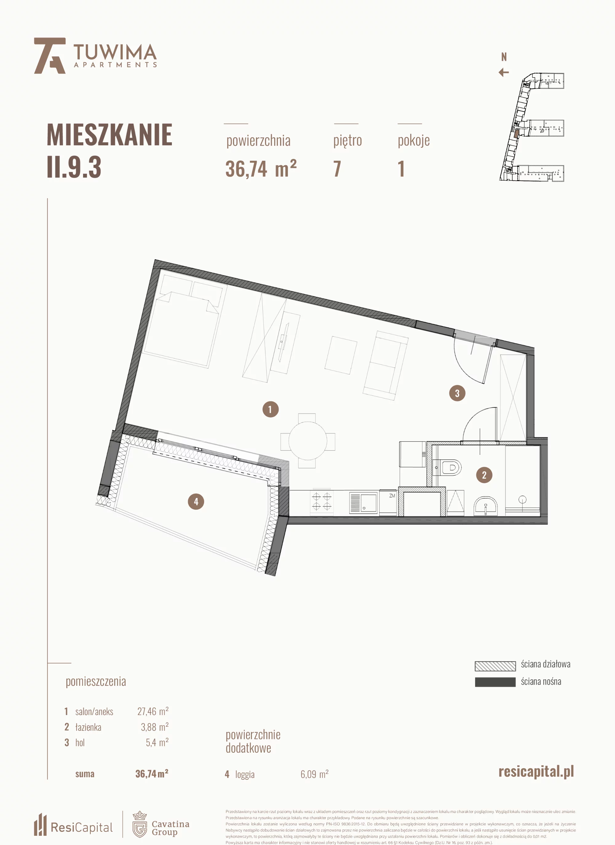 Mieszkanie 36,74 m², piętro 7, oferta nr II.9.3, Apartamenty Tuwima, Łódź, Śródmieście, ul. Juliana Tuwima