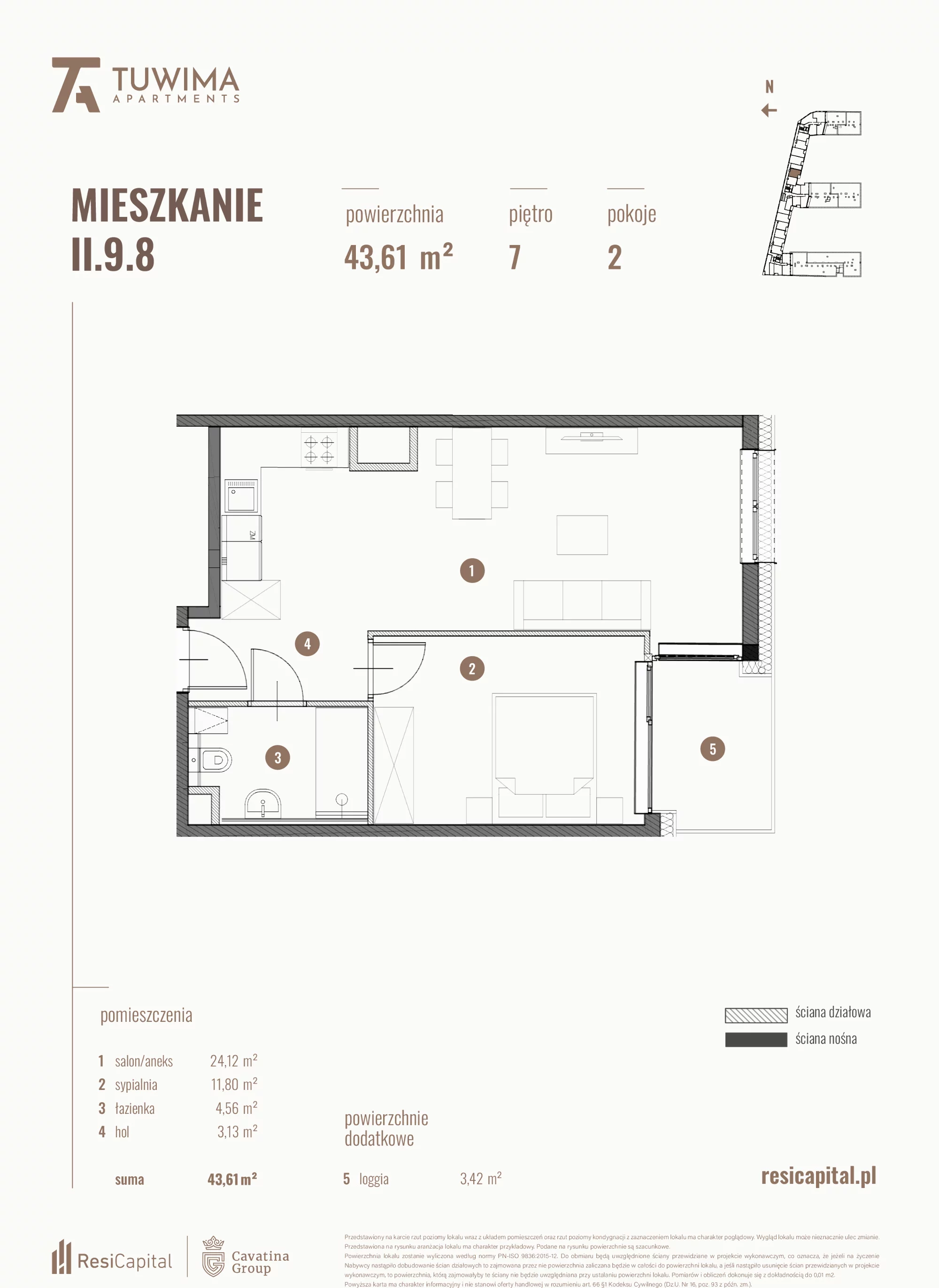 Mieszkanie 43,61 m², piętro 7, oferta nr II.9.8, Apartamenty Tuwima, Łódź, Śródmieście, ul. Juliana Tuwima