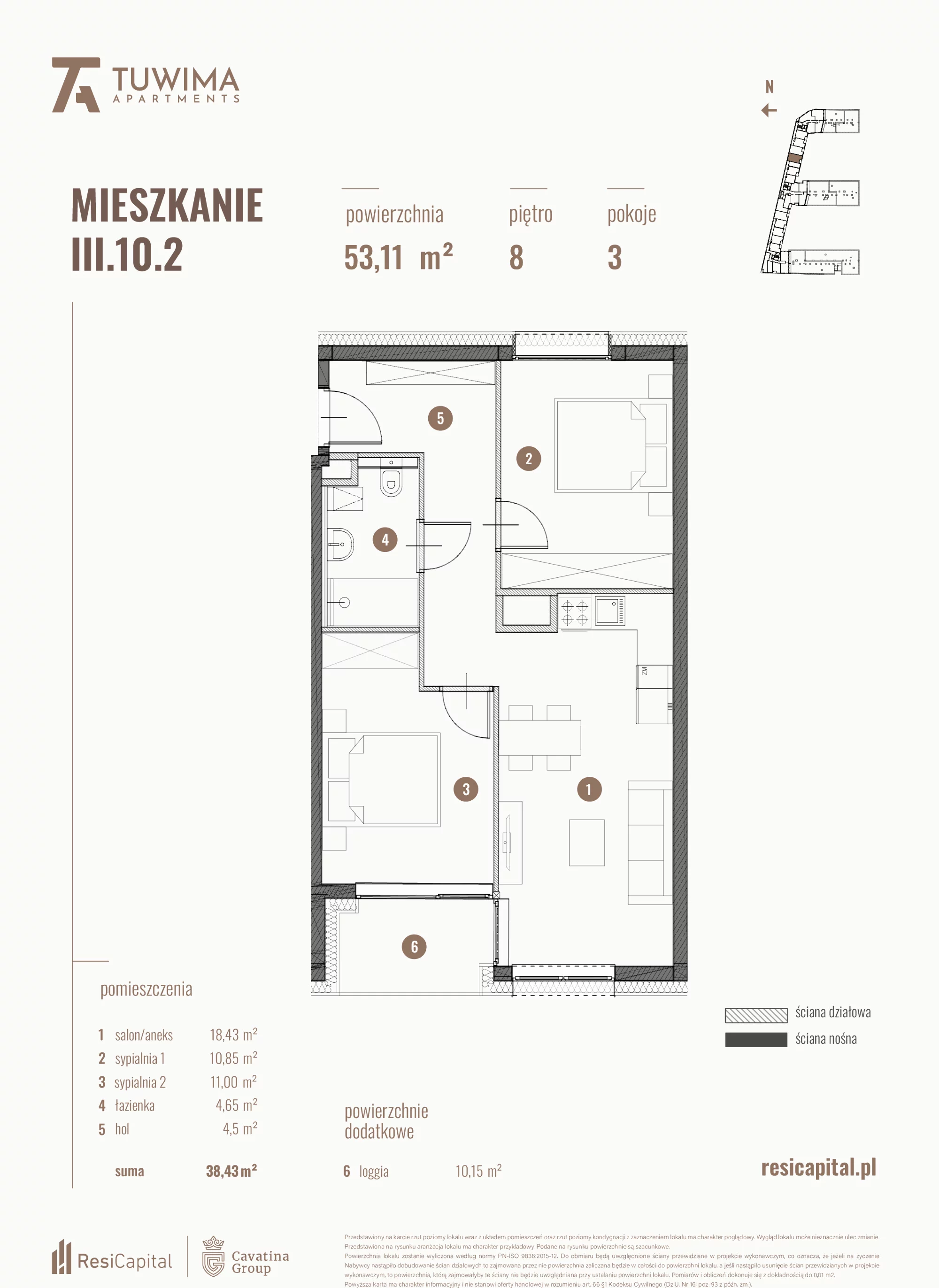 3 pokoje, mieszkanie 53,11 m², piętro 8, oferta nr III.10.2, Apartamenty Tuwima, Łódź, Śródmieście, ul. Juliana Tuwima