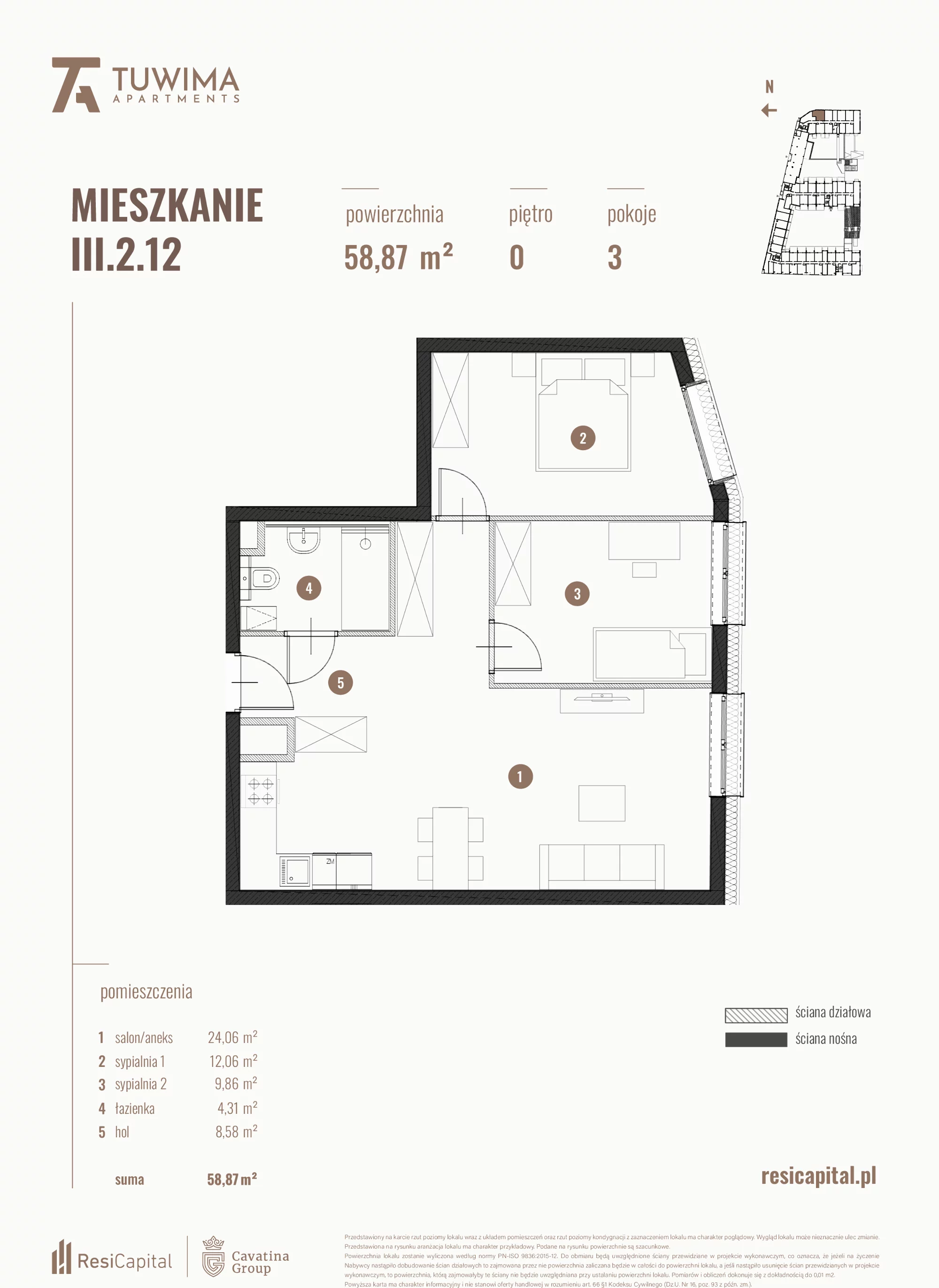 3 pokoje, mieszkanie 58,87 m², parter, oferta nr III.2.12, Apartamenty Tuwima, Łódź, Śródmieście, ul. Juliana Tuwima