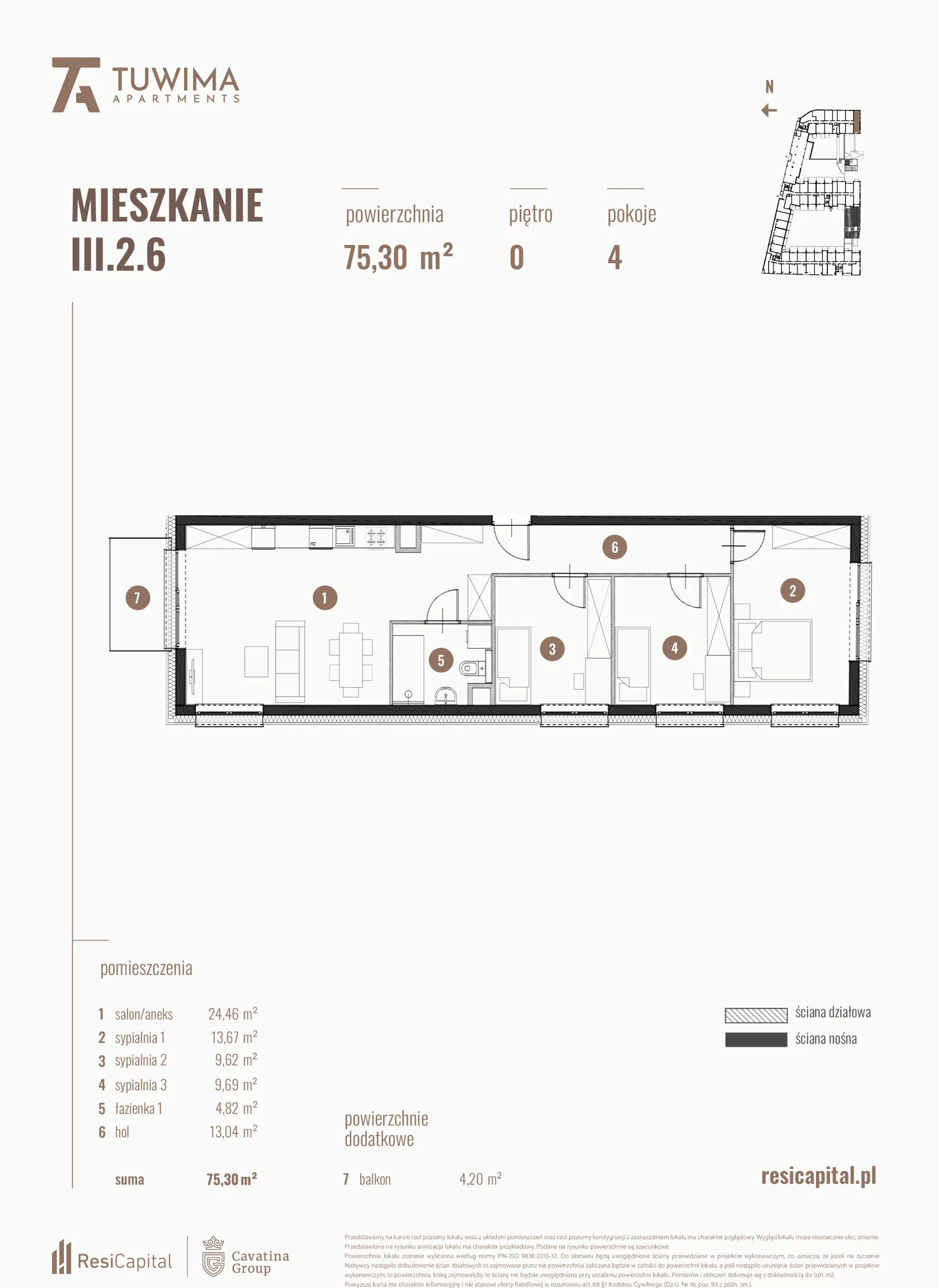 4 pokoje, mieszkanie 75,30 m², parter, oferta nr III.2.6, Apartamenty Tuwima, Łódź, Śródmieście, ul. Juliana Tuwima