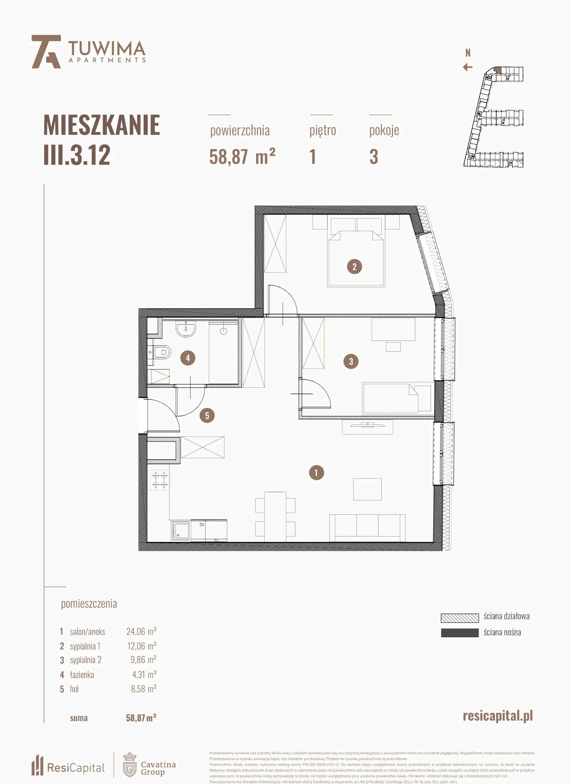 3 pokoje, mieszkanie 58,87 m², piętro 1, oferta nr III.3.12, Apartamenty Tuwima, Łódź, Śródmieście, ul. Juliana Tuwima