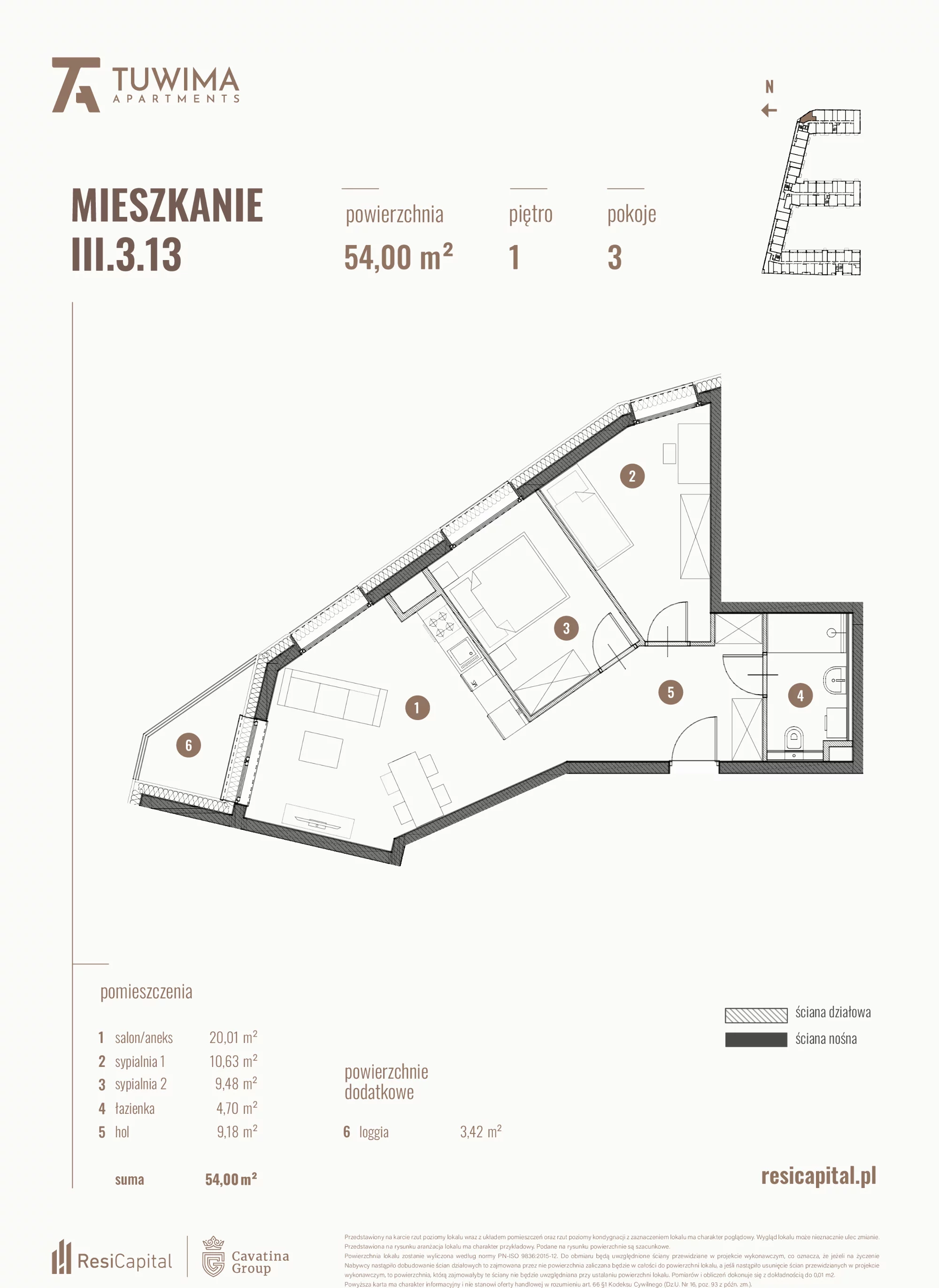 3 pokoje, mieszkanie 54,00 m², piętro 1, oferta nr III.3.13, Apartamenty Tuwima, Łódź, Śródmieście, ul. Juliana Tuwima