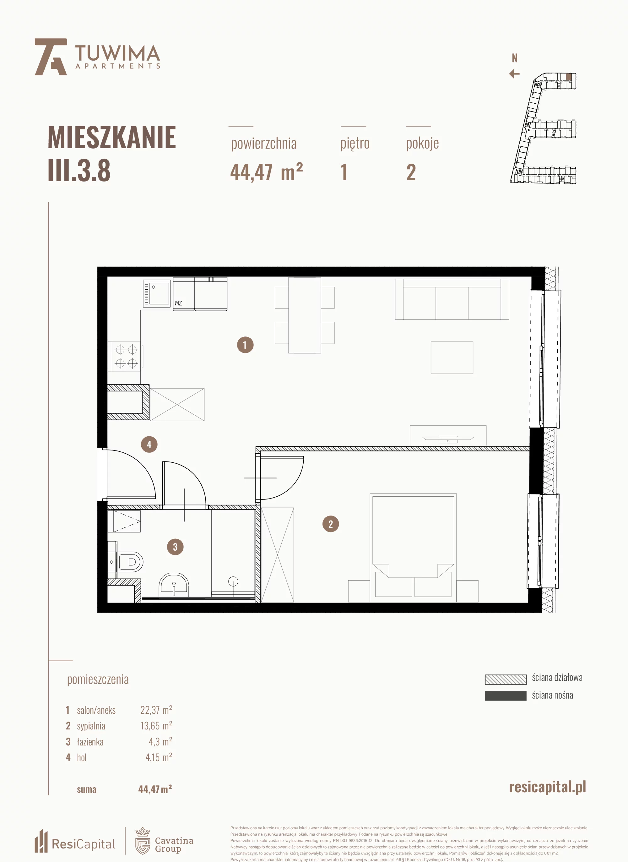 Mieszkanie 44,47 m², piętro 1, oferta nr III.3.8, Apartamenty Tuwima, Łódź, Śródmieście, ul. Juliana Tuwima