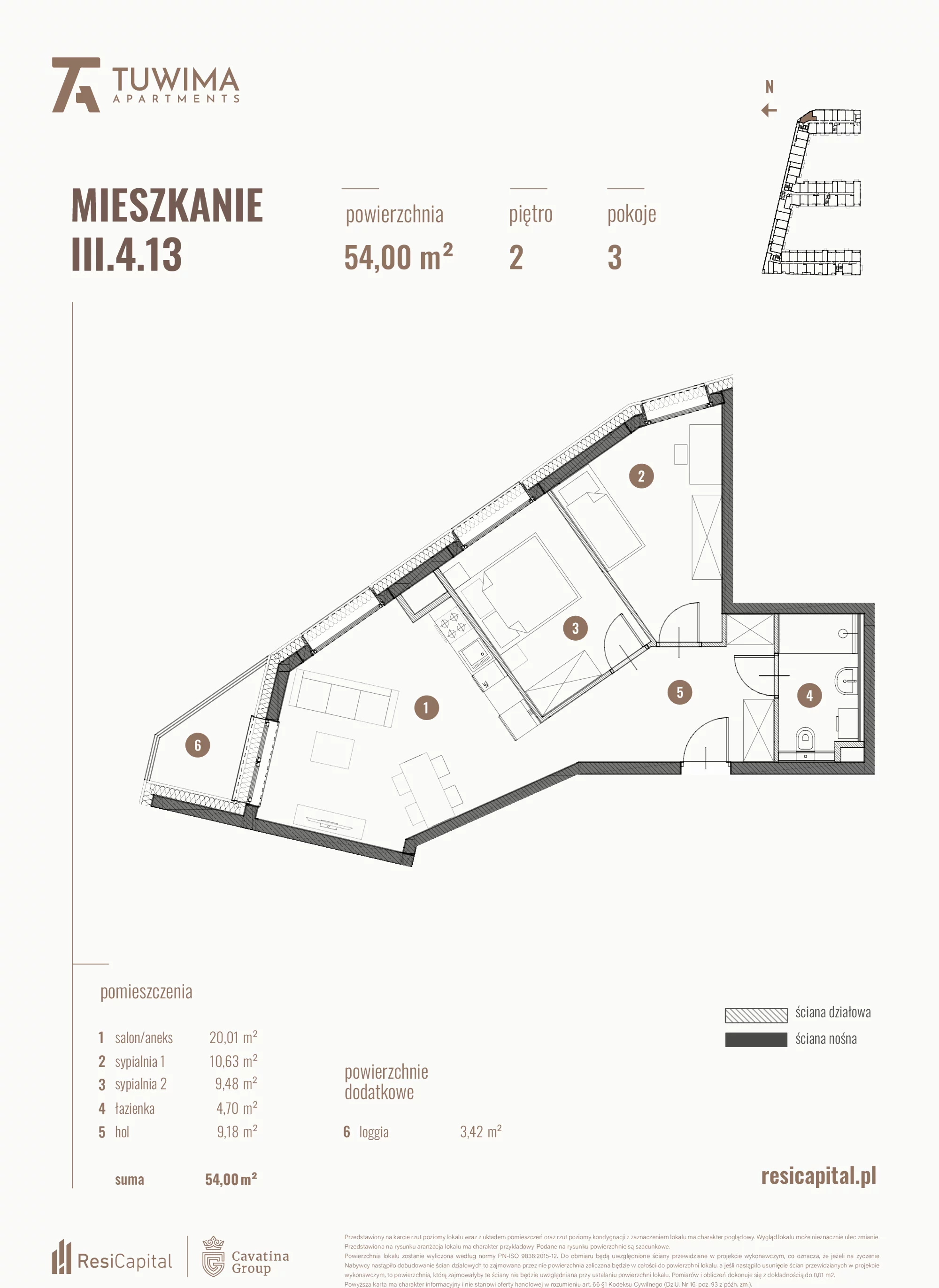 3 pokoje, mieszkanie 54,00 m², piętro 2, oferta nr III.4.13, Apartamenty Tuwima, Łódź, Śródmieście, ul. Juliana Tuwima