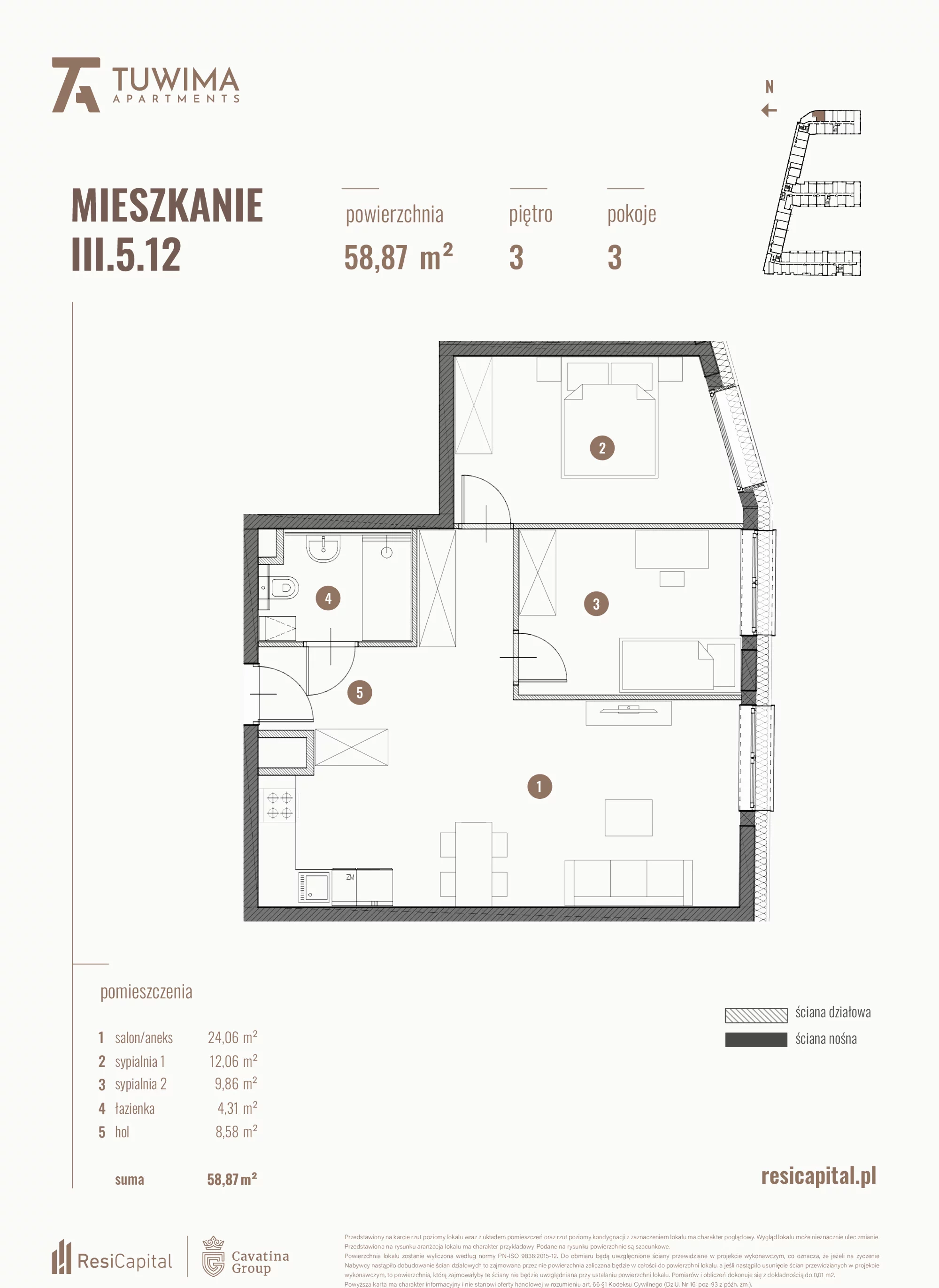 3 pokoje, mieszkanie 58,87 m², piętro 3, oferta nr III.5.12, Apartamenty Tuwima, Łódź, Śródmieście, ul. Juliana Tuwima