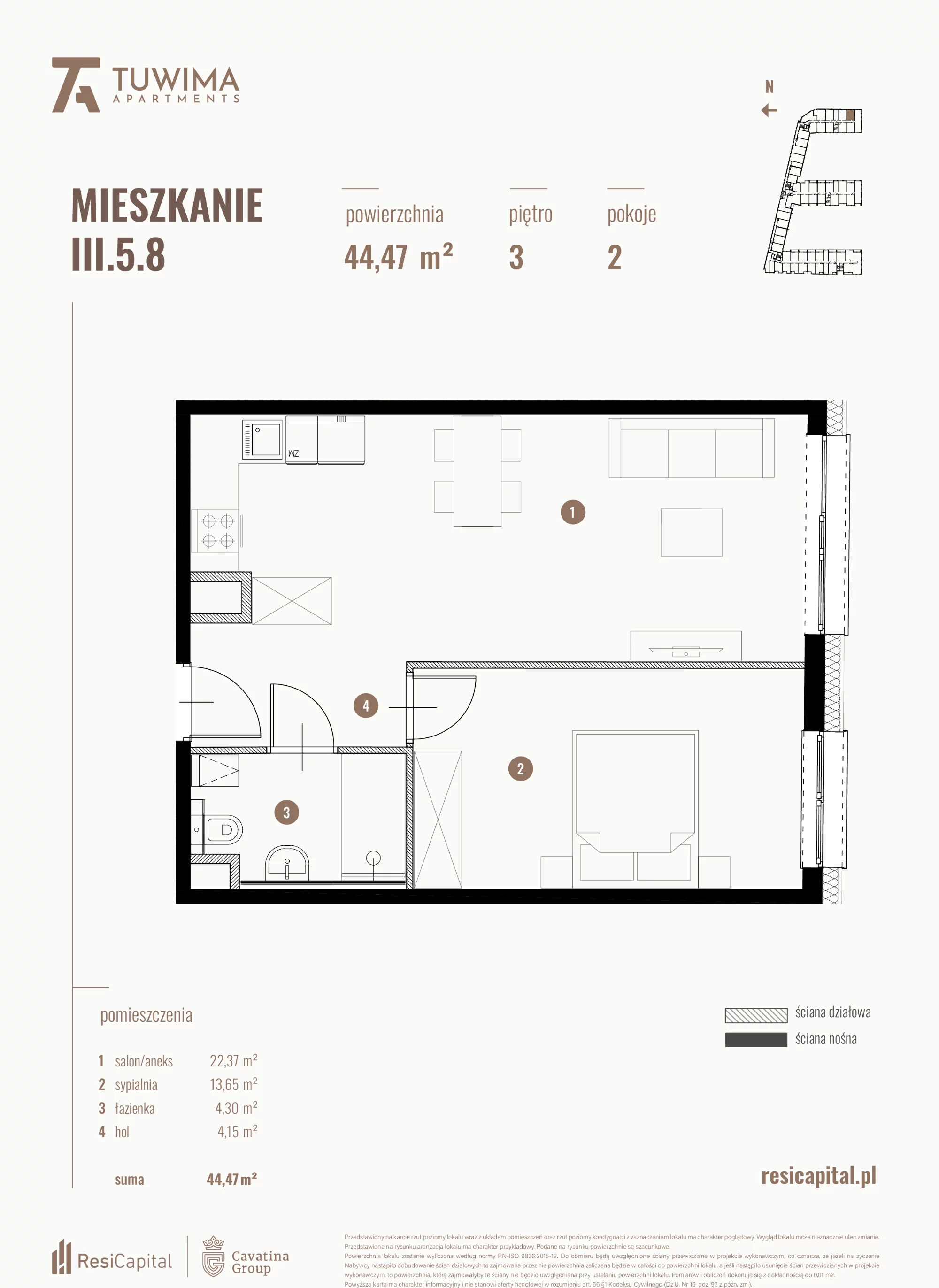 Mieszkanie 44,47 m², piętro 3, oferta nr III.5.8, Apartamenty Tuwima, Łódź, Śródmieście, ul. Juliana Tuwima