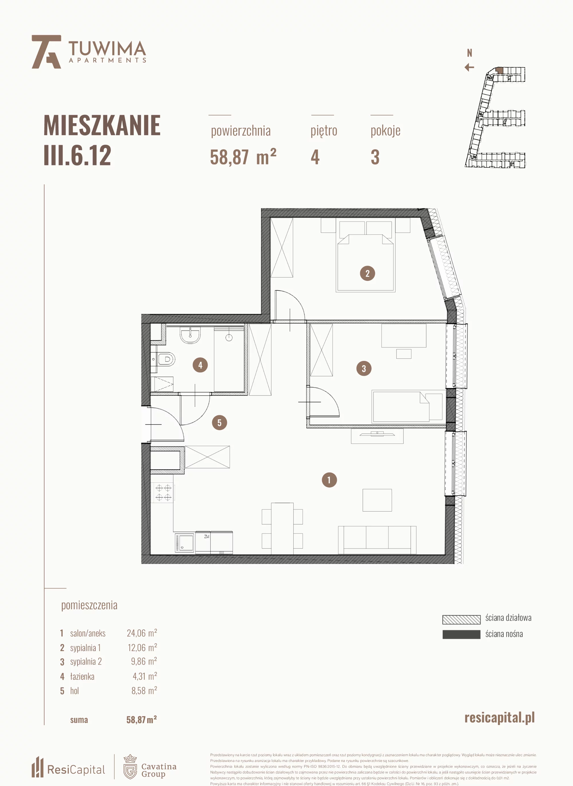 3 pokoje, mieszkanie 58,87 m², piętro 4, oferta nr III.6.12, Apartamenty Tuwima, Łódź, Śródmieście, ul. Juliana Tuwima
