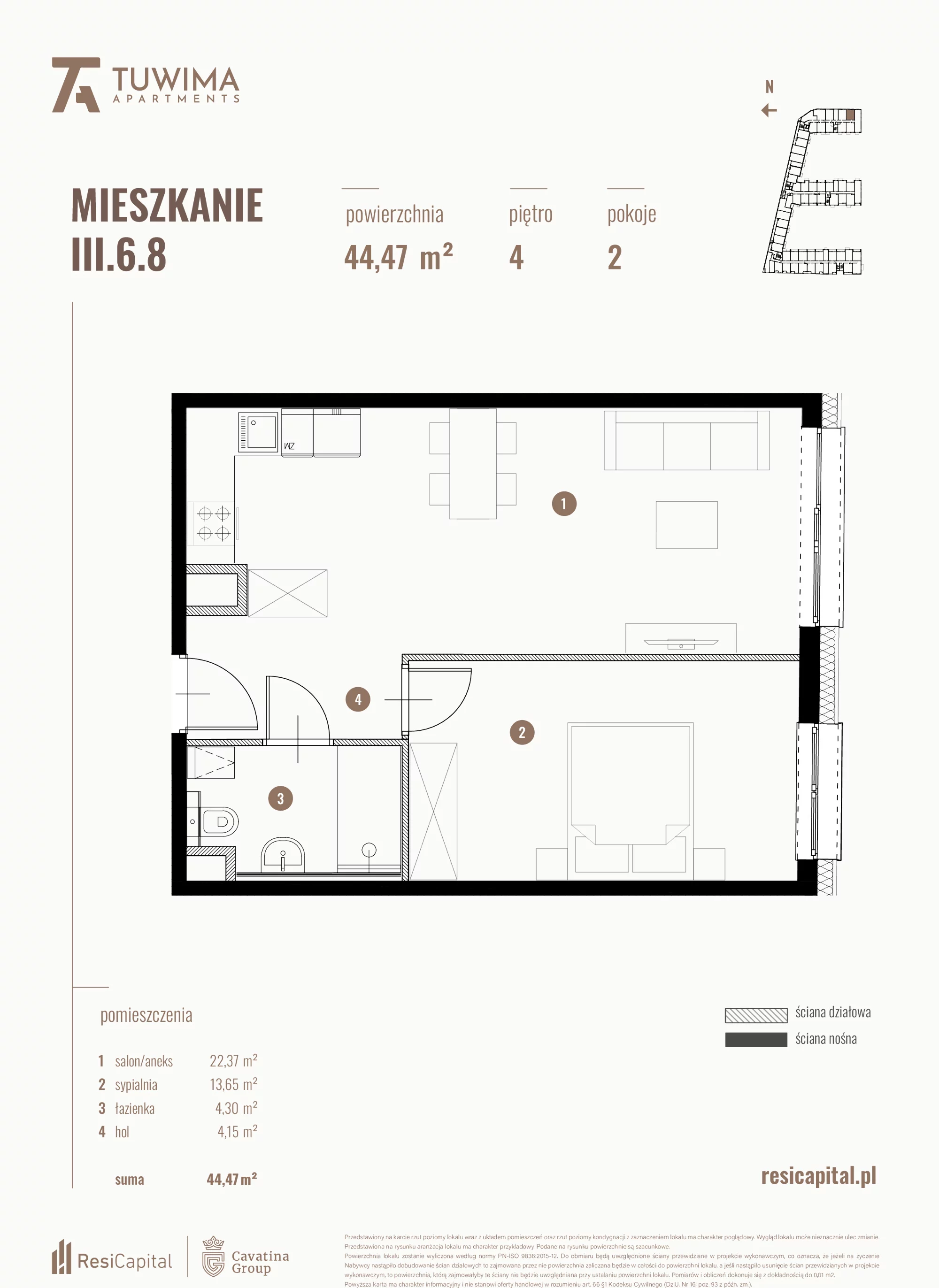 Mieszkanie 44,47 m², piętro 4, oferta nr III.6.8, Apartamenty Tuwima, Łódź, Śródmieście, ul. Juliana Tuwima