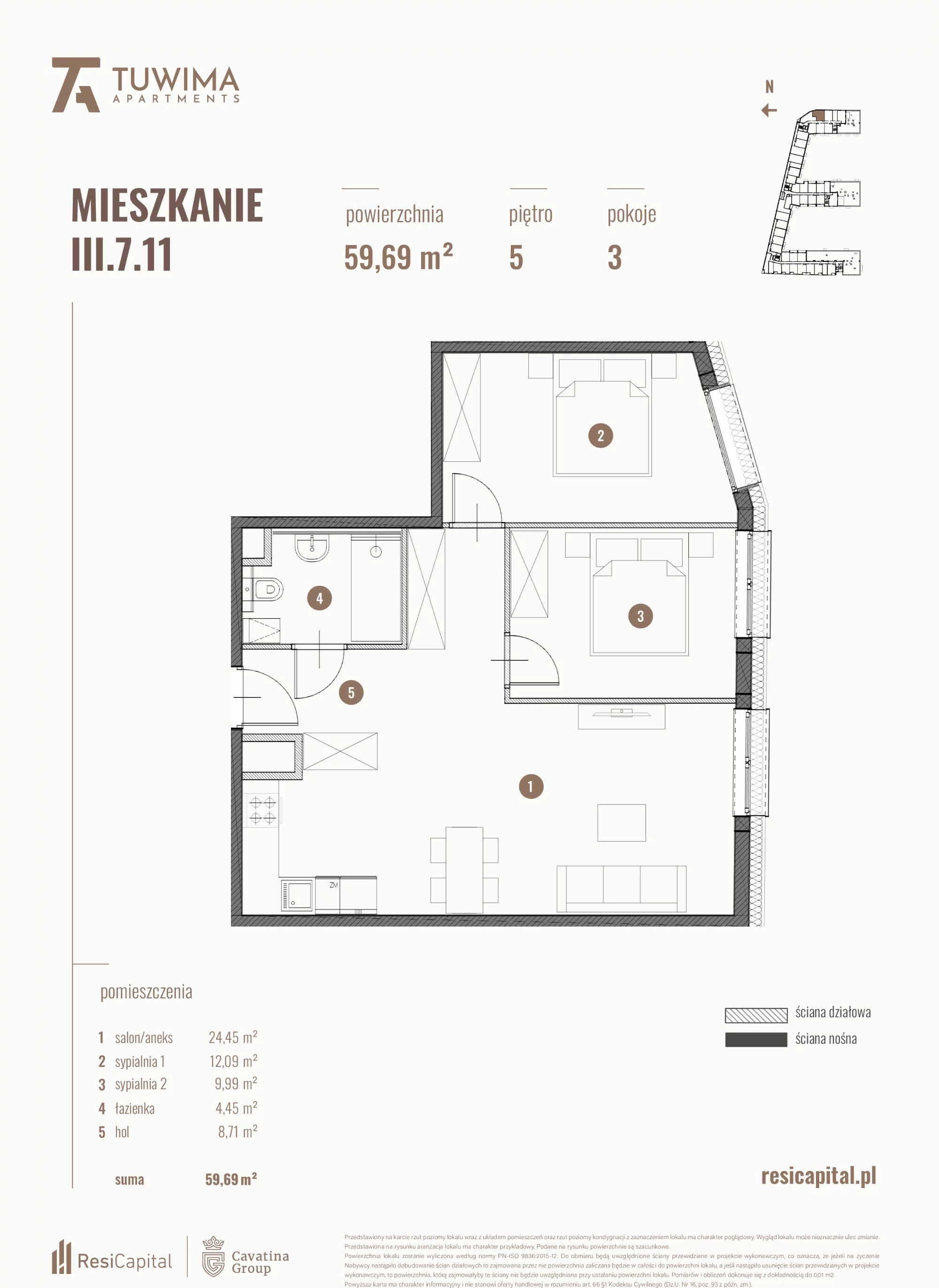 3 pokoje, mieszkanie 59,69 m², piętro 5, oferta nr III.7.11, Apartamenty Tuwima, Łódź, Śródmieście, ul. Juliana Tuwima