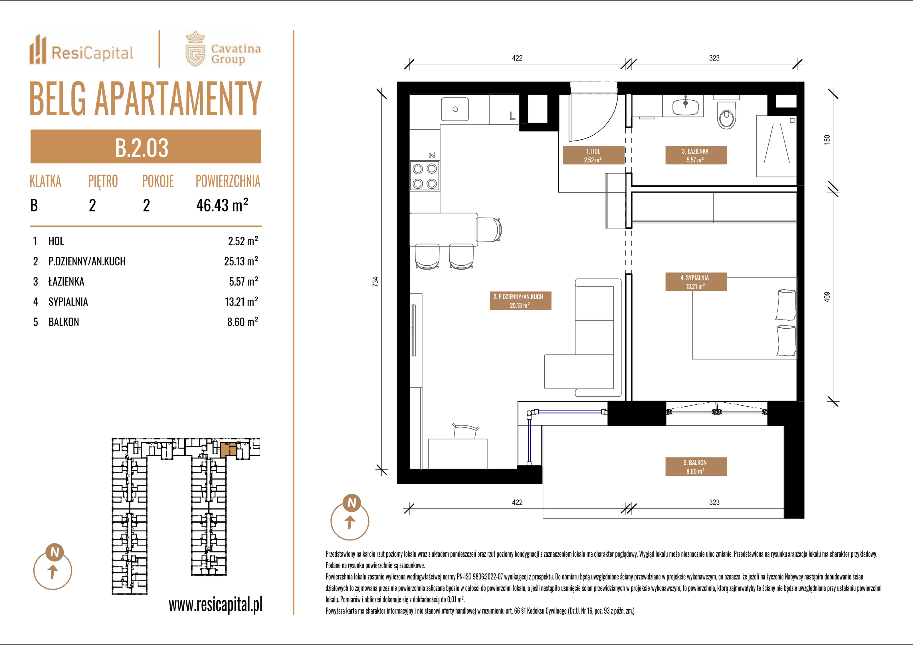 Mieszkanie 46,43 m², piętro 2, oferta nr B.2.03, Belg Apartamenty, Katowice, Osiedle Paderewskiego-Muchowiec, ul. Przemysłowa 3