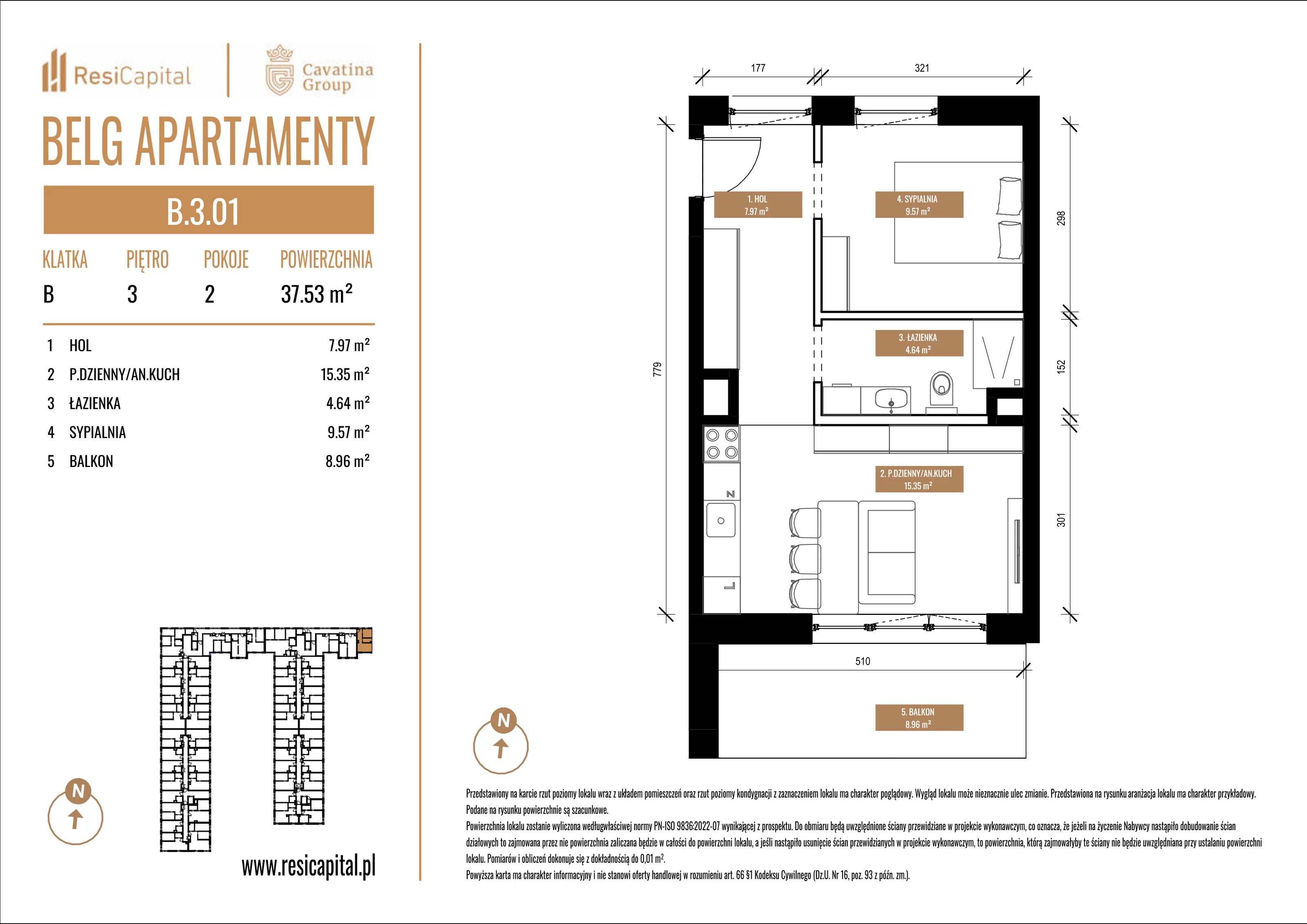 Mieszkanie 37,53 m², piętro 3, oferta nr B.3.01, Belg Apartamenty, Katowice, Osiedle Paderewskiego-Muchowiec, ul. Przemysłowa 3