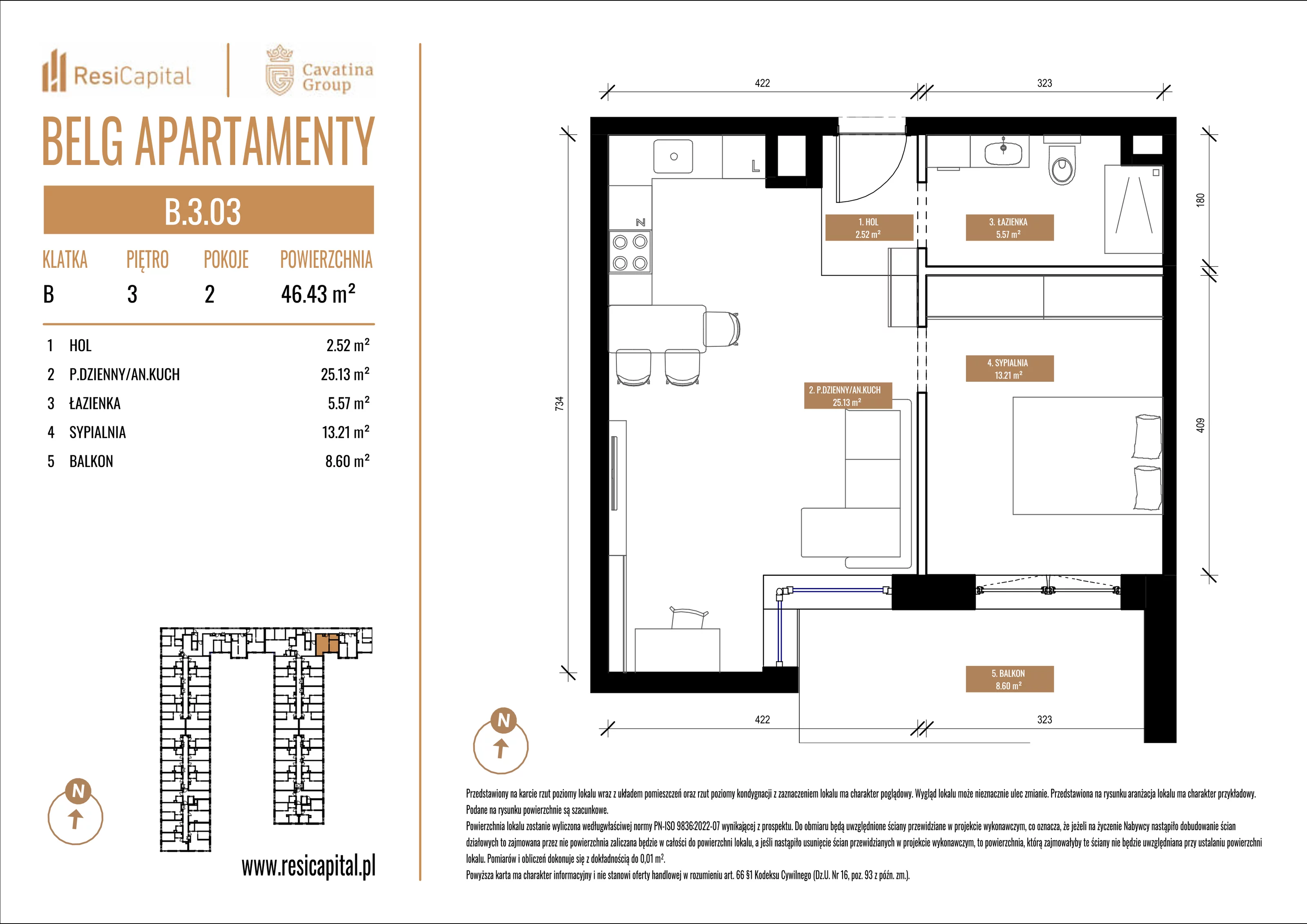 Mieszkanie 46,43 m², piętro 3, oferta nr B.3.03, Belg Apartamenty, Katowice, Osiedle Paderewskiego-Muchowiec, ul. Przemysłowa 3