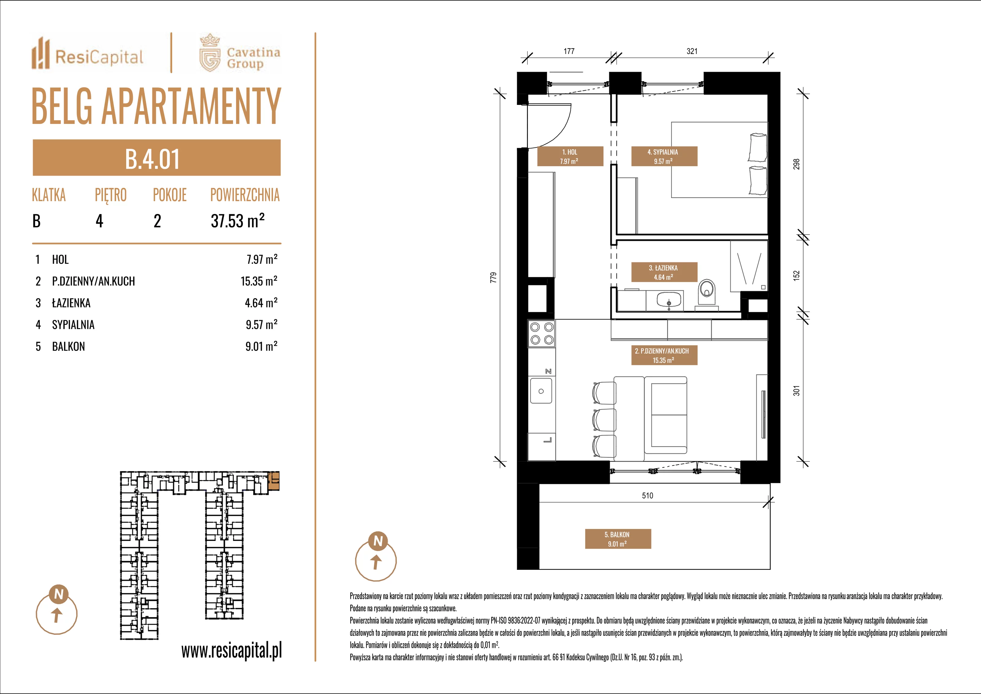 Mieszkanie 37,53 m², piętro 4, oferta nr B.4.01, Belg Apartamenty, Katowice, Osiedle Paderewskiego-Muchowiec, ul. Przemysłowa 3