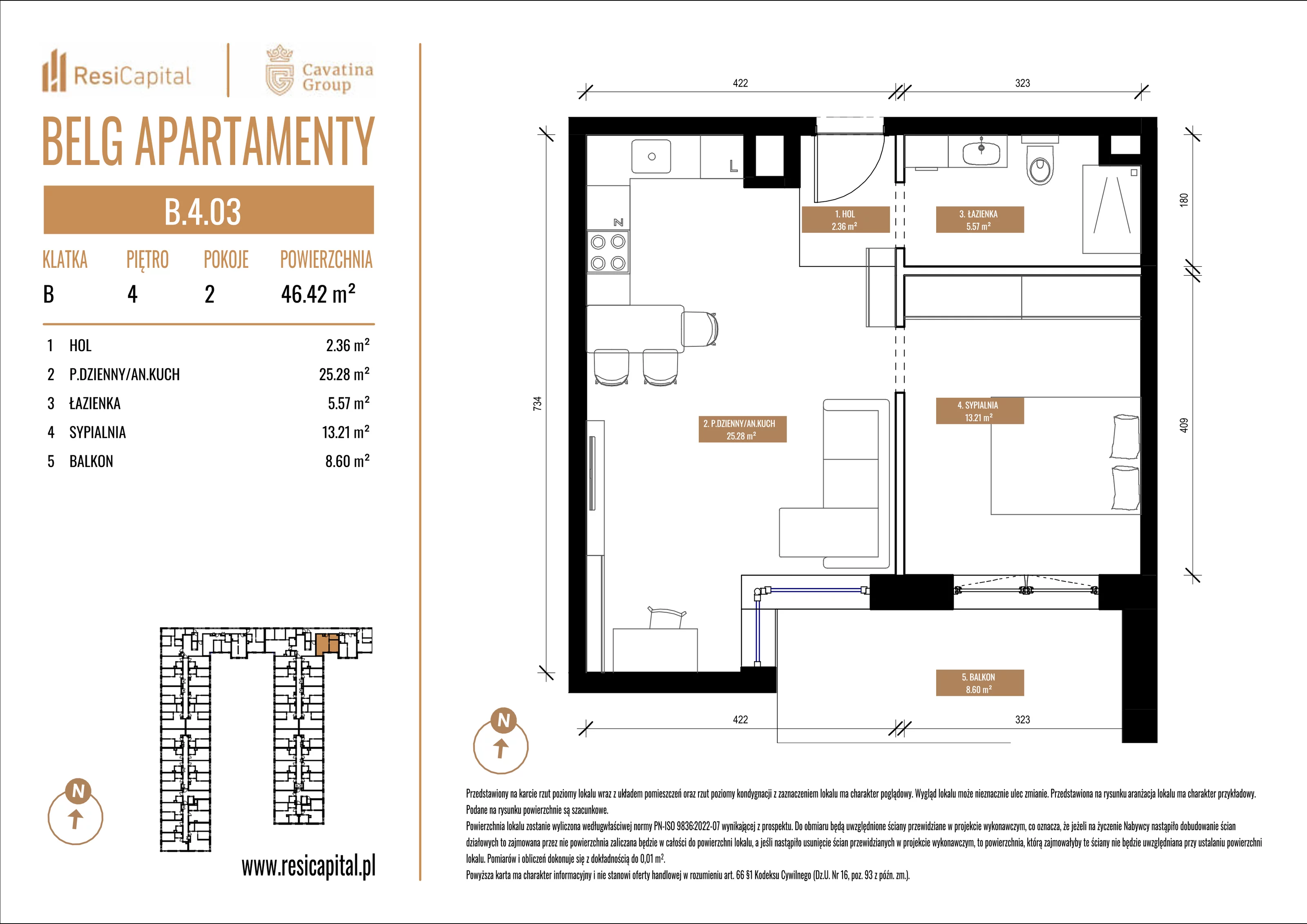 Mieszkanie 46,42 m², piętro 4, oferta nr B.4.03, Belg Apartamenty, Katowice, Osiedle Paderewskiego-Muchowiec, ul. Przemysłowa 3