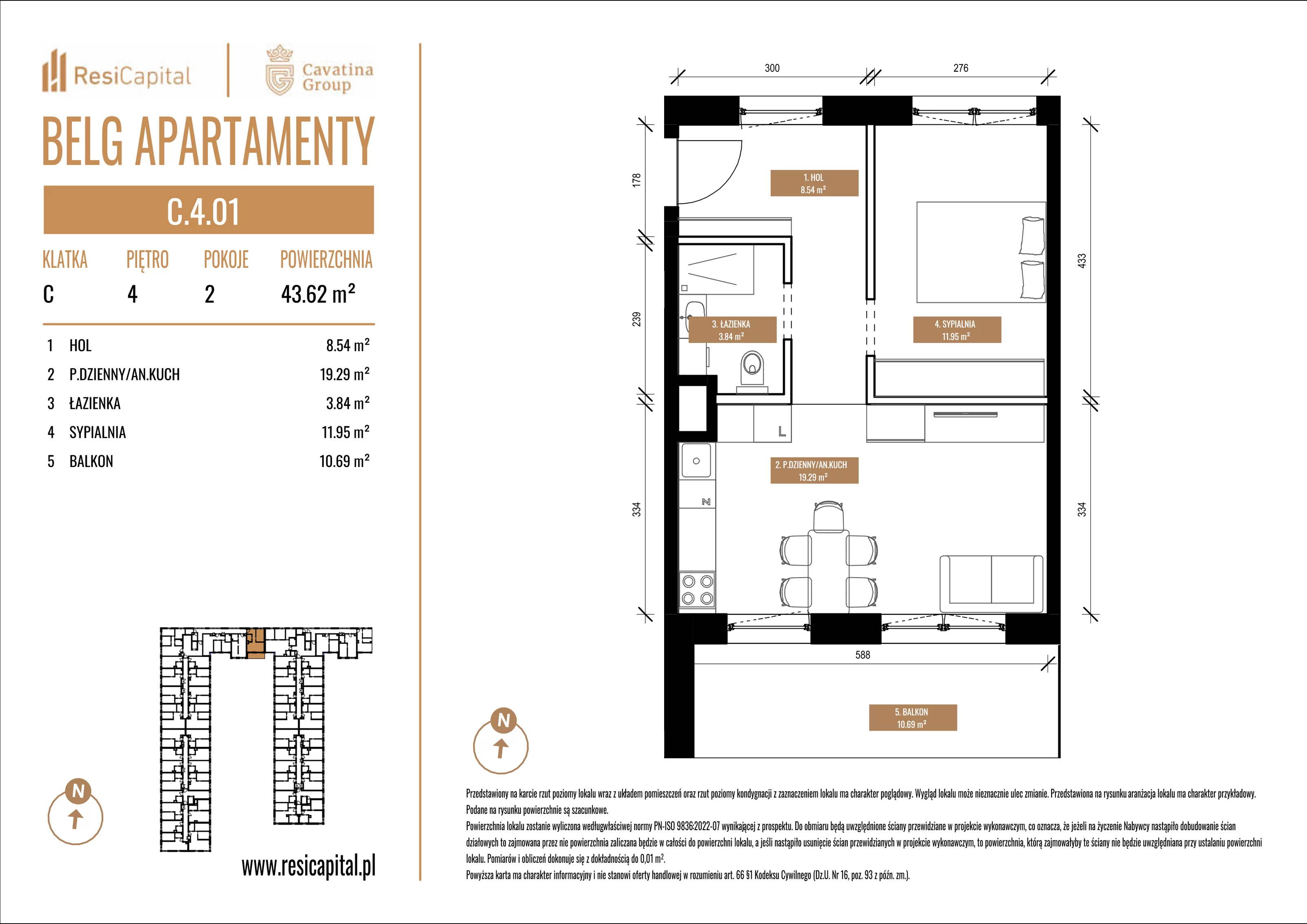 Mieszkanie 43,62 m², piętro 4, oferta nr C.4.01, Belg Apartamenty, Katowice, Osiedle Paderewskiego-Muchowiec, ul. Przemysłowa 3