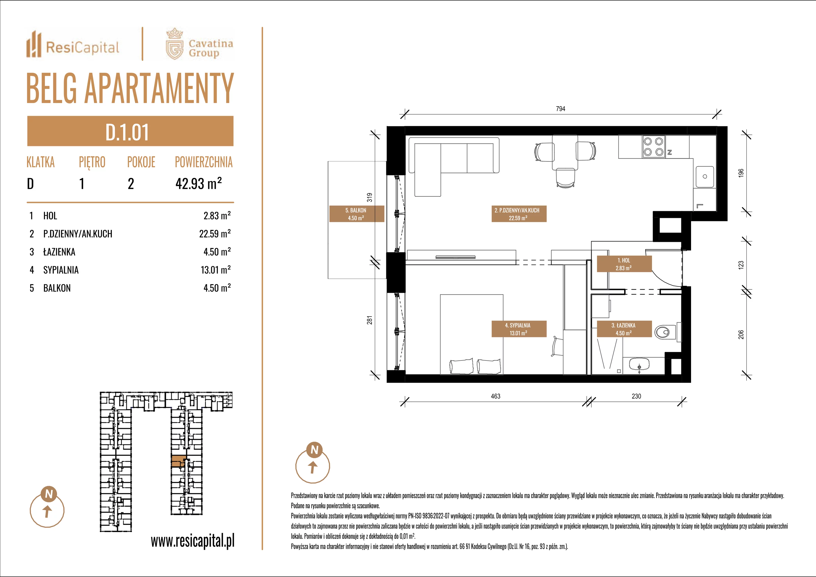 Mieszkanie 42,93 m², piętro 1, oferta nr D.1.01, Belg Apartamenty, Katowice, Osiedle Paderewskiego-Muchowiec, ul. Przemysłowa 3