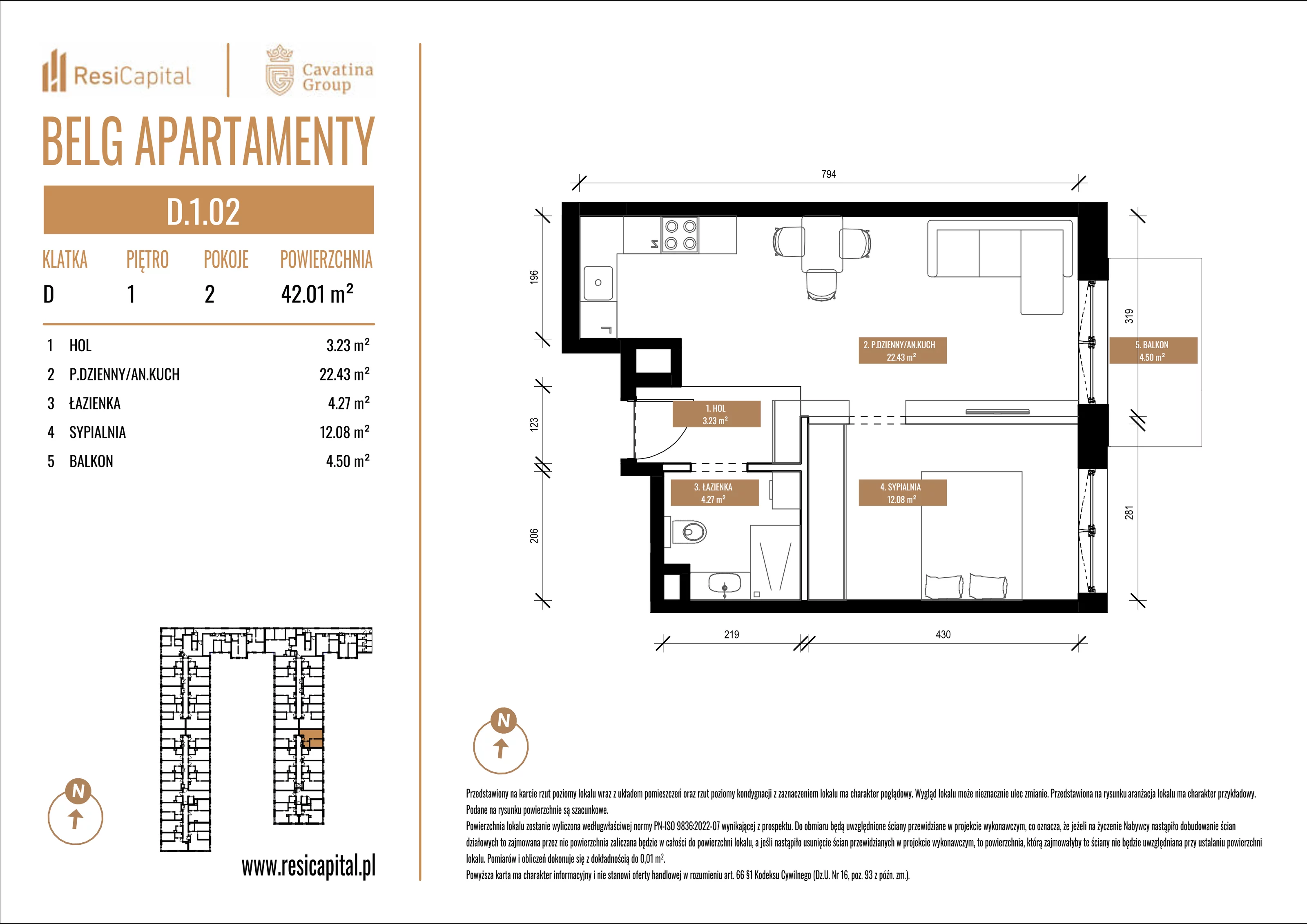 Mieszkanie 42,01 m², piętro 1, oferta nr D.1.02, Belg Apartamenty, Katowice, Osiedle Paderewskiego-Muchowiec, ul. Przemysłowa 3