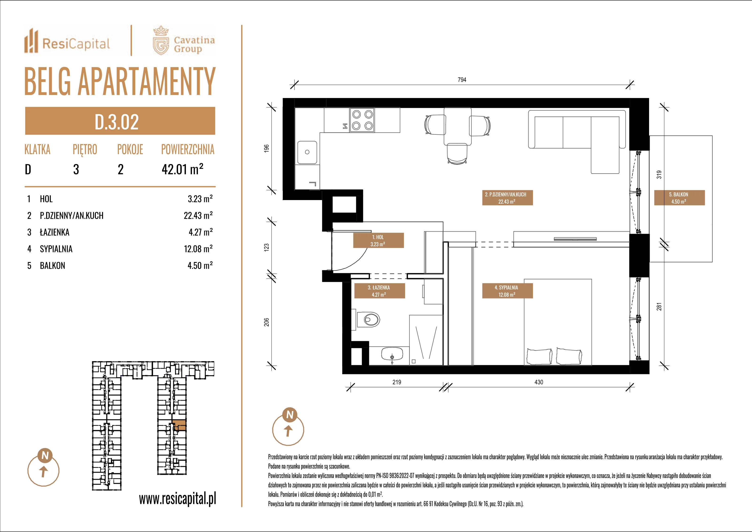 Mieszkanie 42,01 m², piętro 3, oferta nr D.3.02, Belg Apartamenty, Katowice, Osiedle Paderewskiego-Muchowiec, ul. Przemysłowa 3