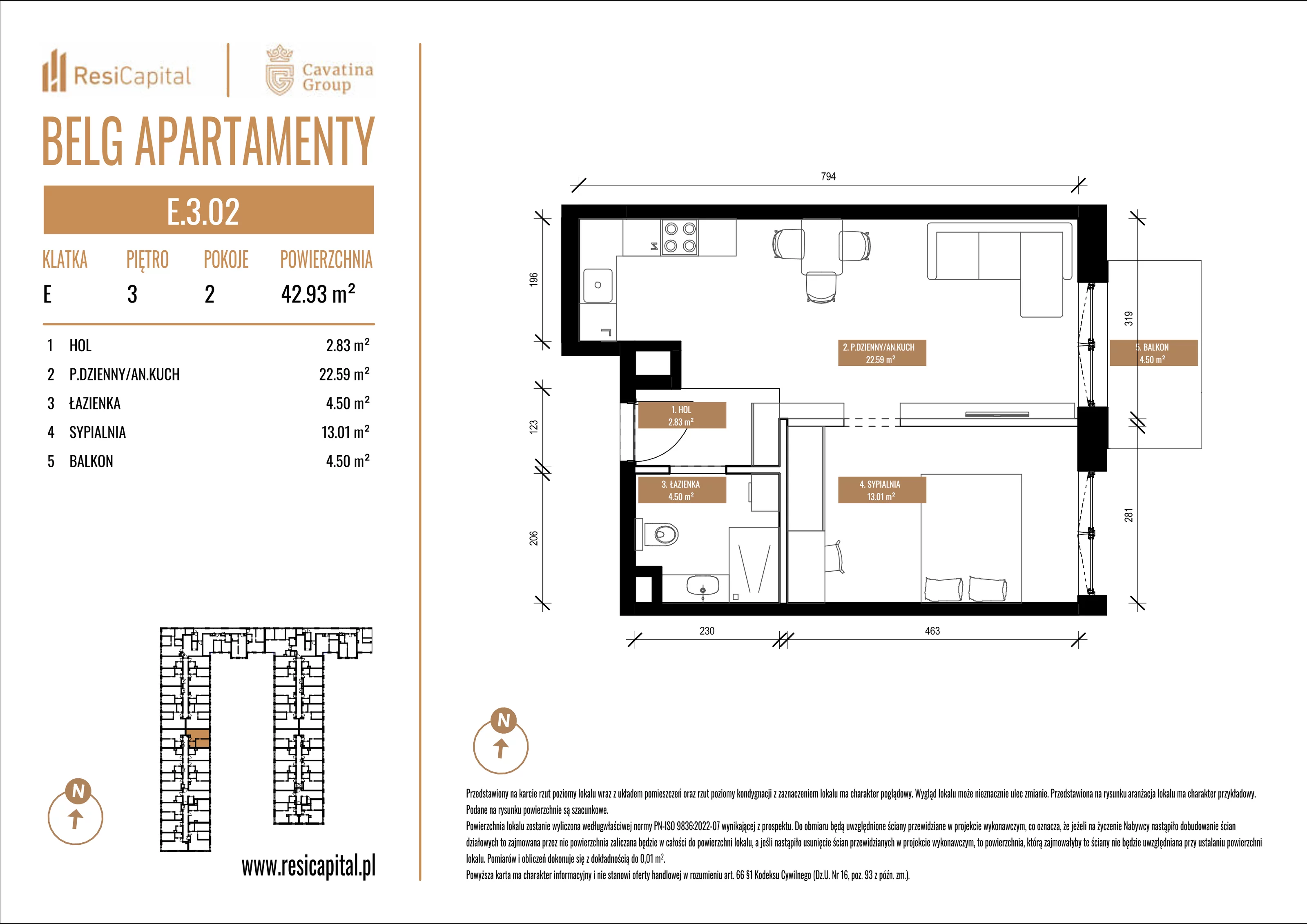 Mieszkanie 42,93 m², piętro 3, oferta nr E.3.02, Belg Apartamenty, Katowice, Osiedle Paderewskiego-Muchowiec, ul. Przemysłowa 3