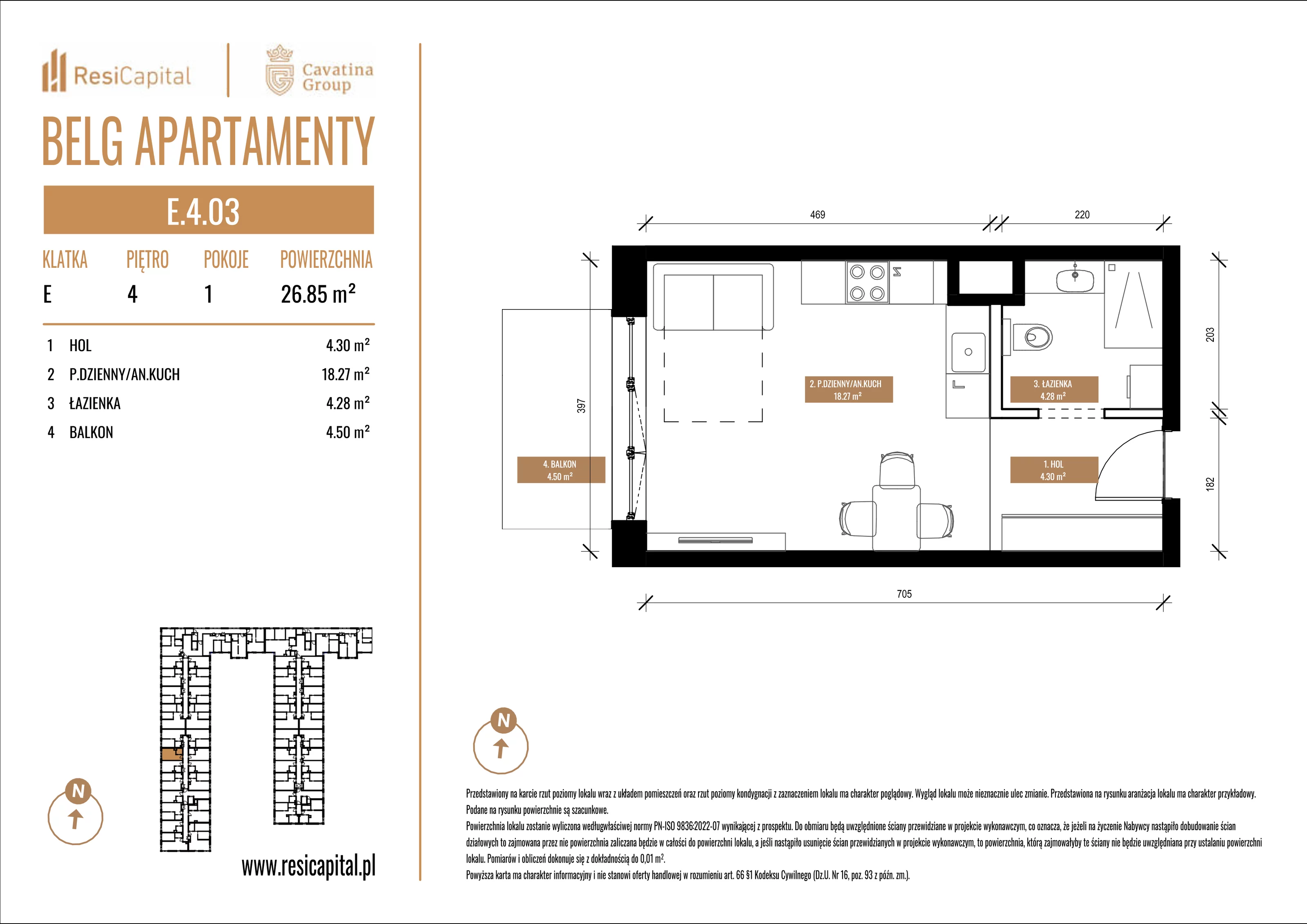 Mieszkanie 26,85 m², piętro 4, oferta nr E.4.03, Belg Apartamenty, Katowice, Osiedle Paderewskiego-Muchowiec, ul. Przemysłowa 3