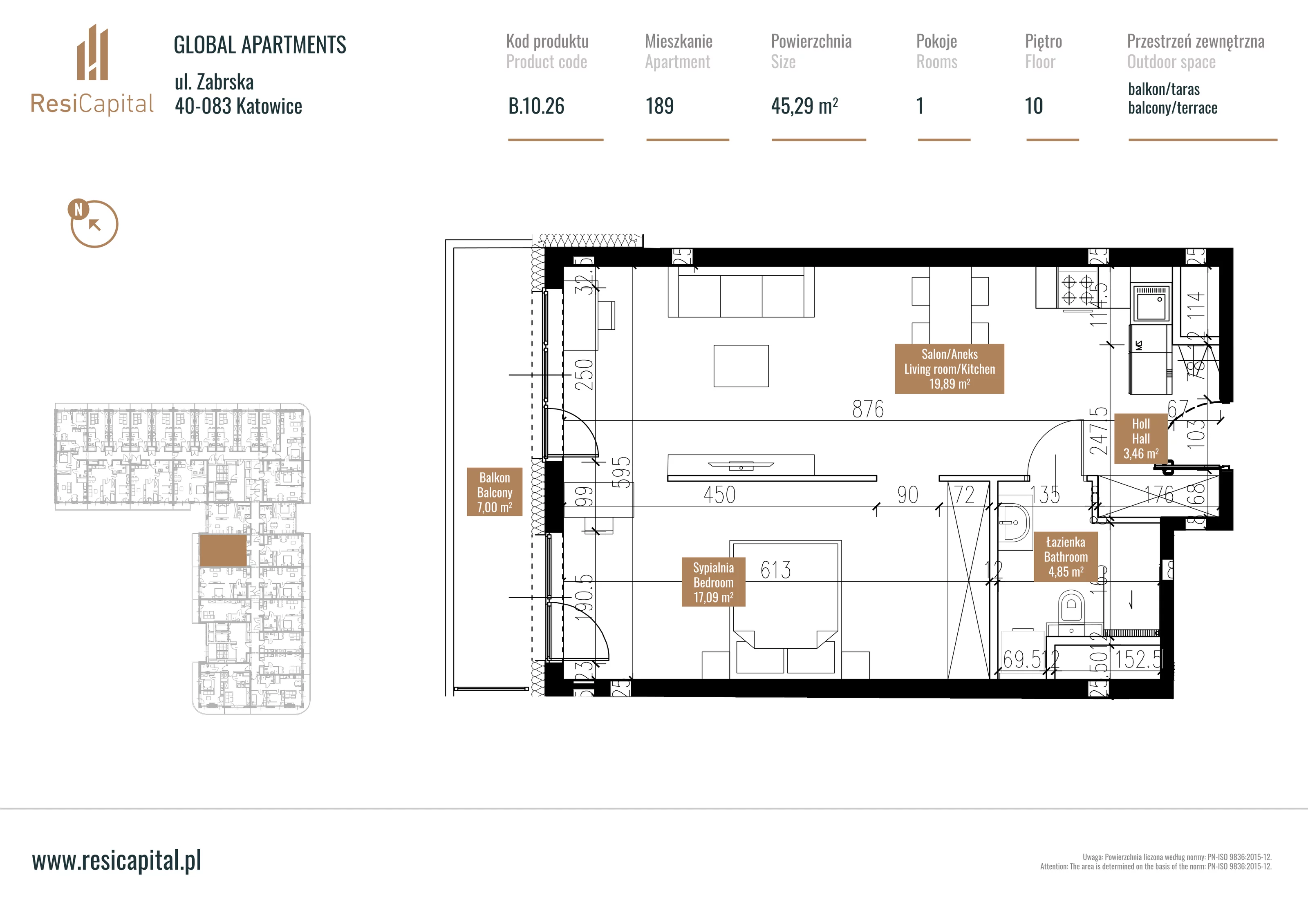 Mieszkanie 50,23 m², piętro 9, oferta nr B.10.26, Global Apartments, Katowice, Śródmieście, ul. Zabrska 15