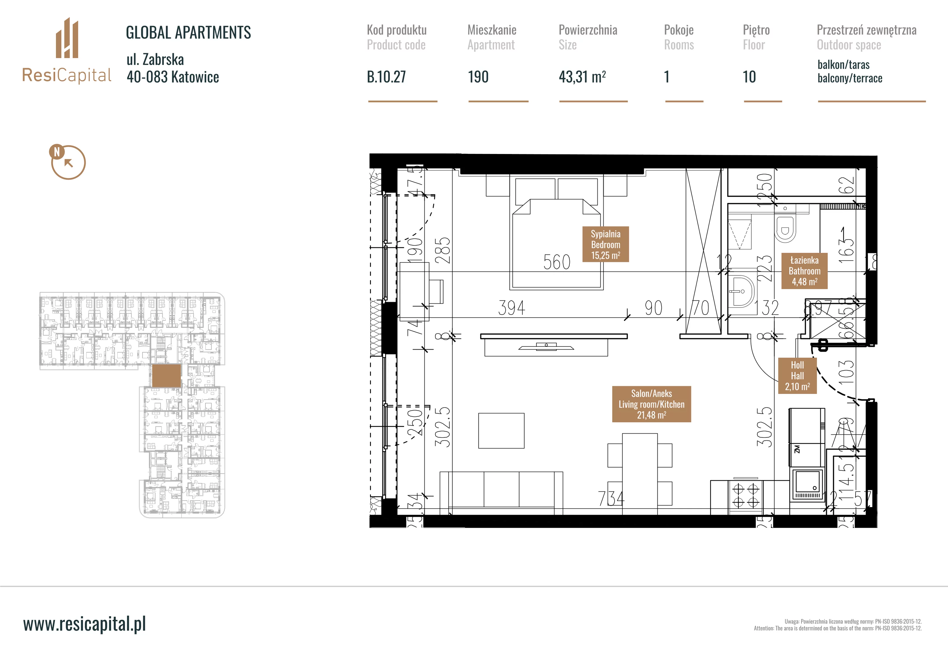 Mieszkanie 43,73 m², piętro 9, oferta nr B.10.27, Global Apartments, Katowice, Śródmieście, ul. Zabrska 15