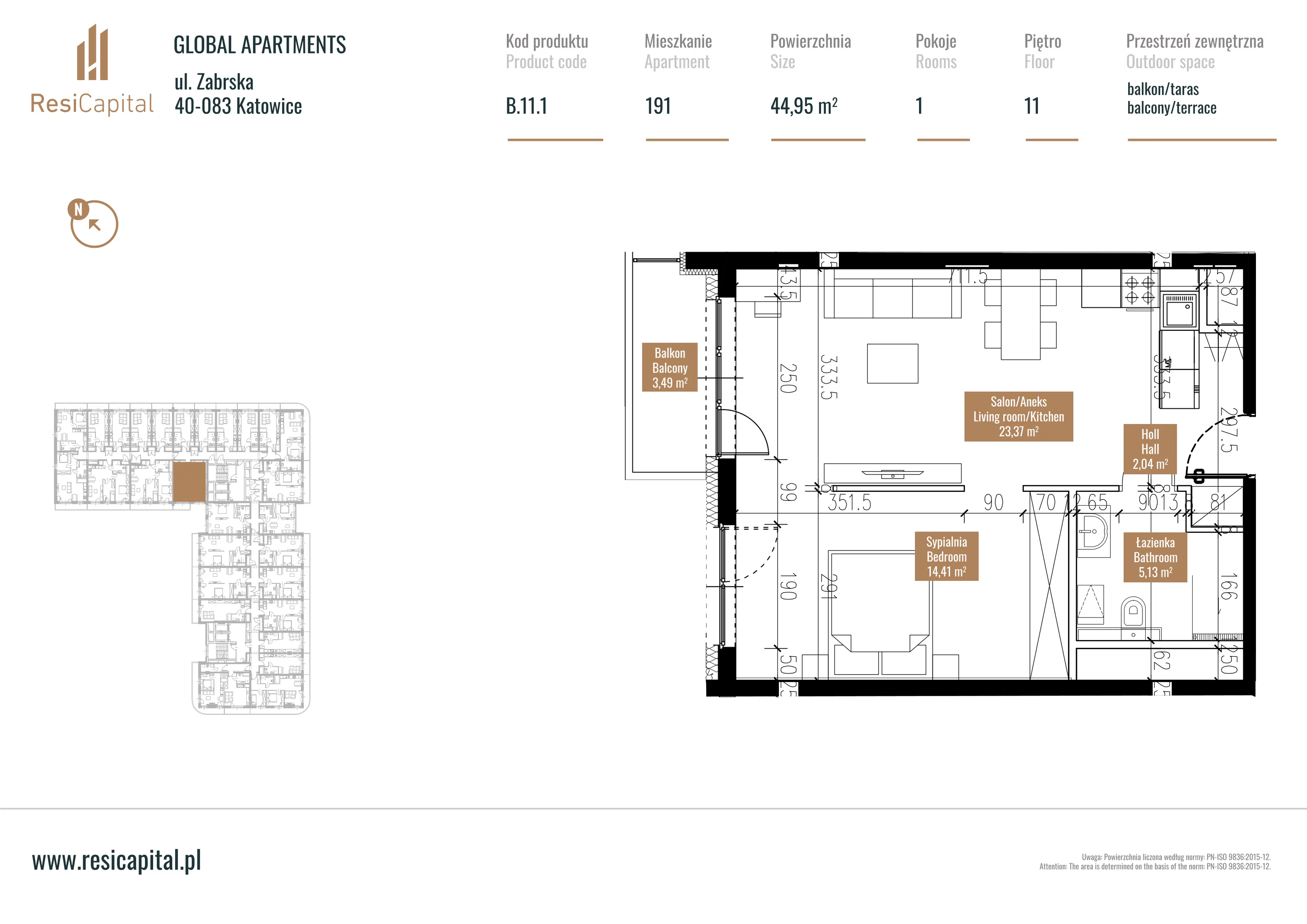 Mieszkanie 45,10 m², piętro 10, oferta nr B.11.01, Global Apartments, Katowice, Śródmieście, ul. Zabrska 15