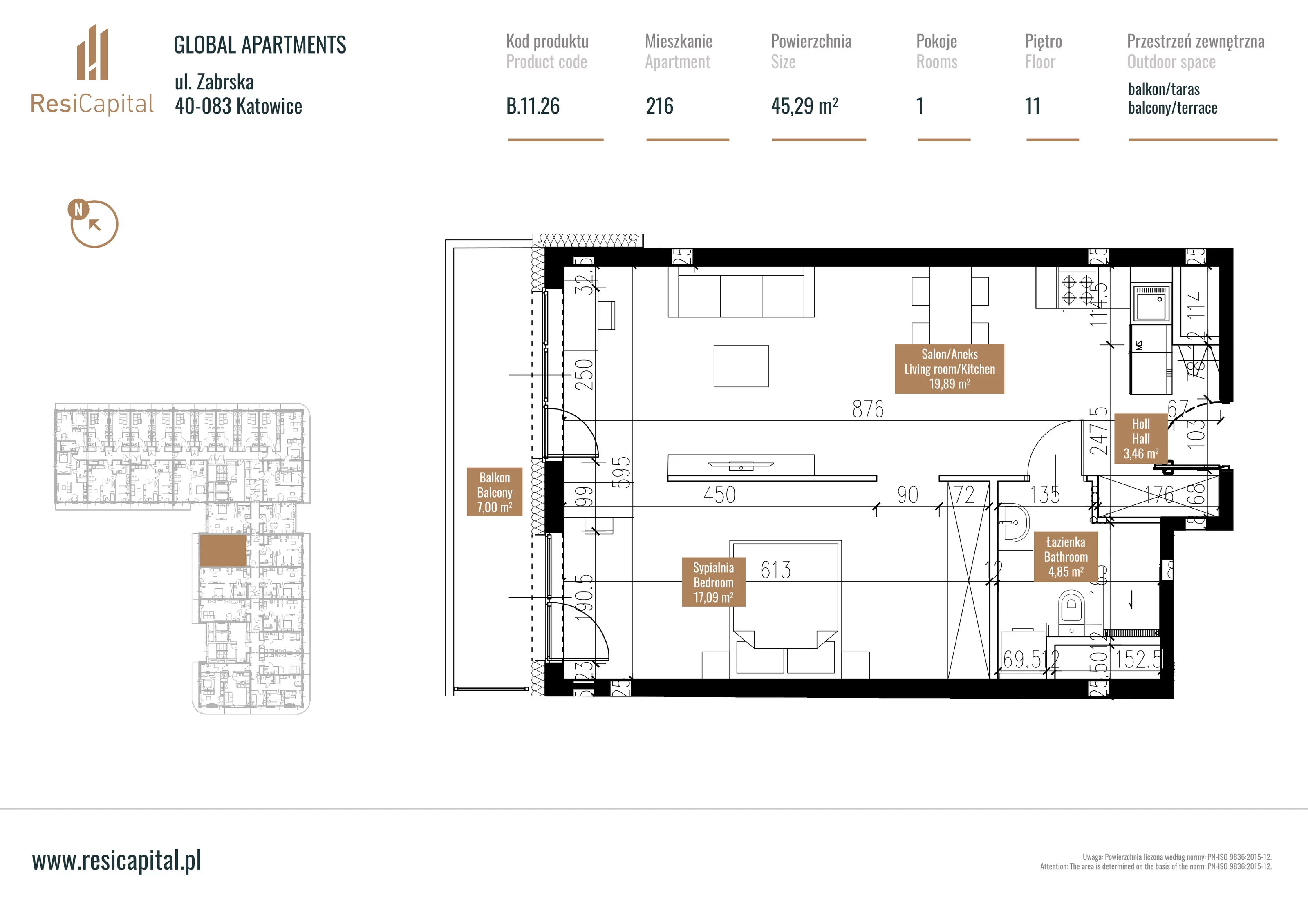 Mieszkanie 50,50 m², piętro 10, oferta nr B.11.26, Global Apartments, Katowice, Śródmieście, ul. Zabrska 15