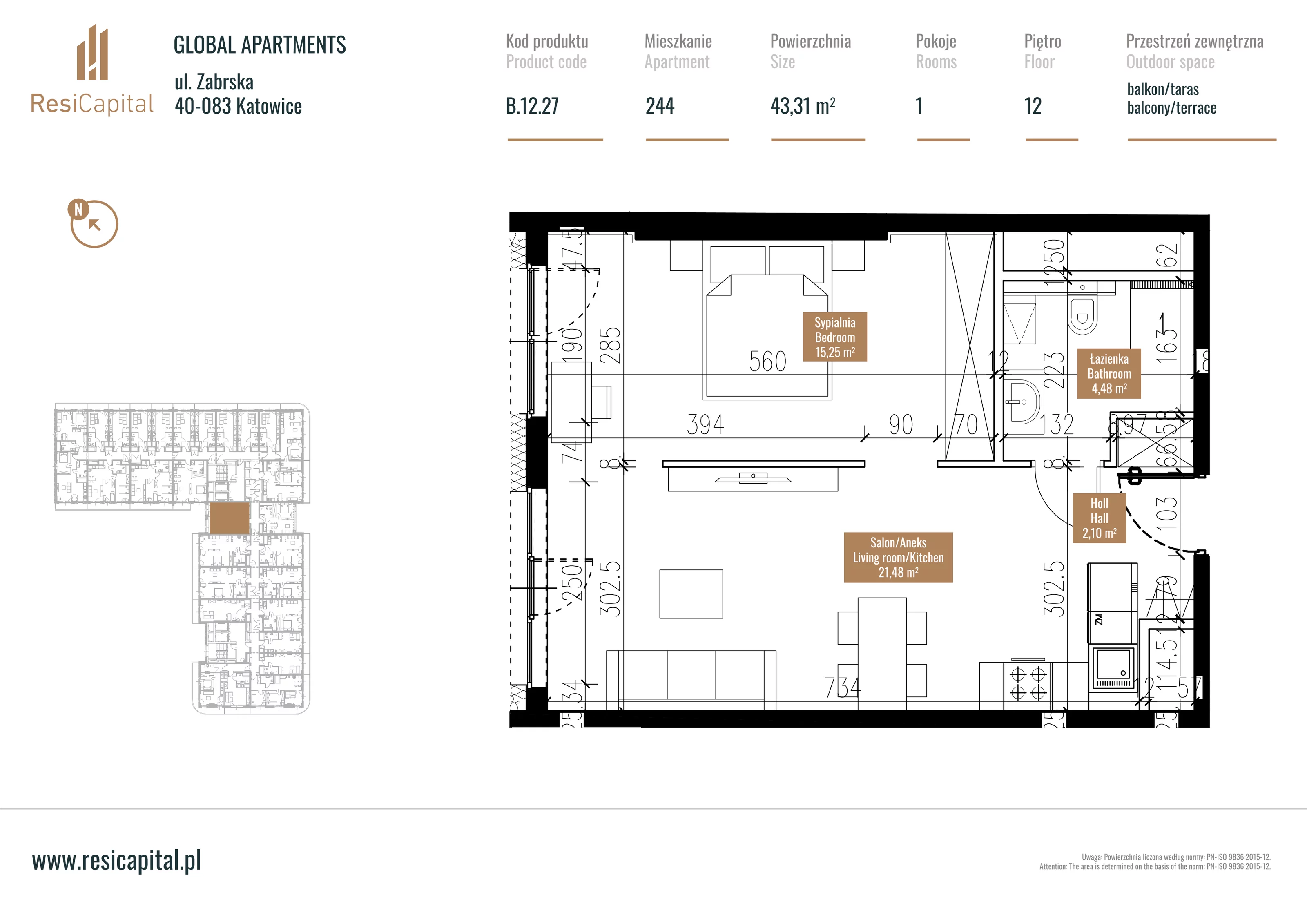 Mieszkanie 42,87 m², piętro 11, oferta nr B.12.27, Global Apartments, Katowice, Śródmieście, ul. Zabrska 15