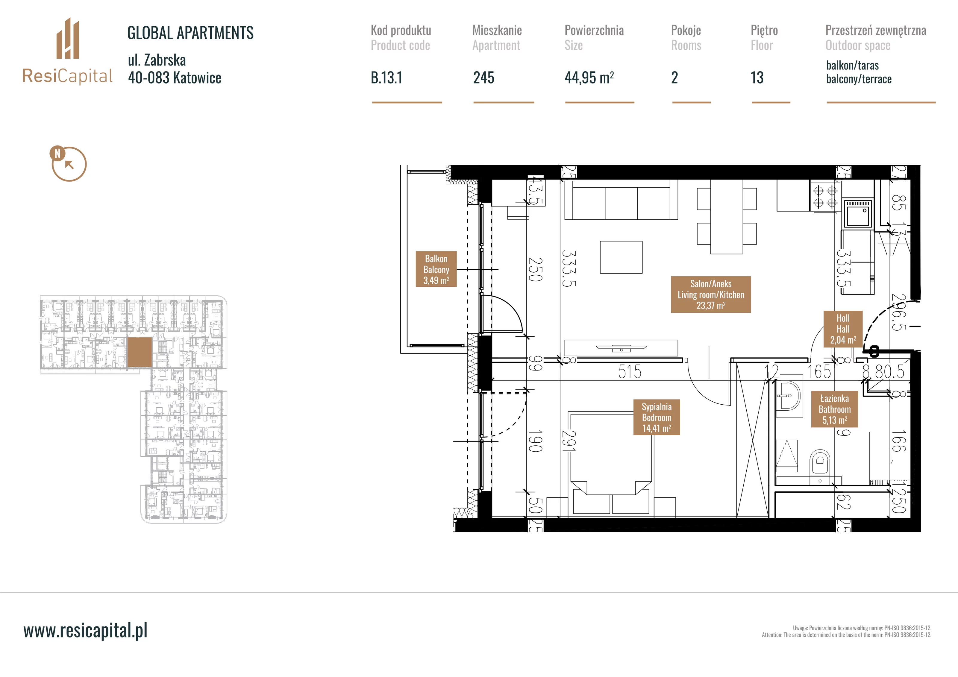 Mieszkanie 45,02 m², piętro 12, oferta nr B.13.01, Global Apartments, Katowice, Śródmieście, ul. Zabrska 15