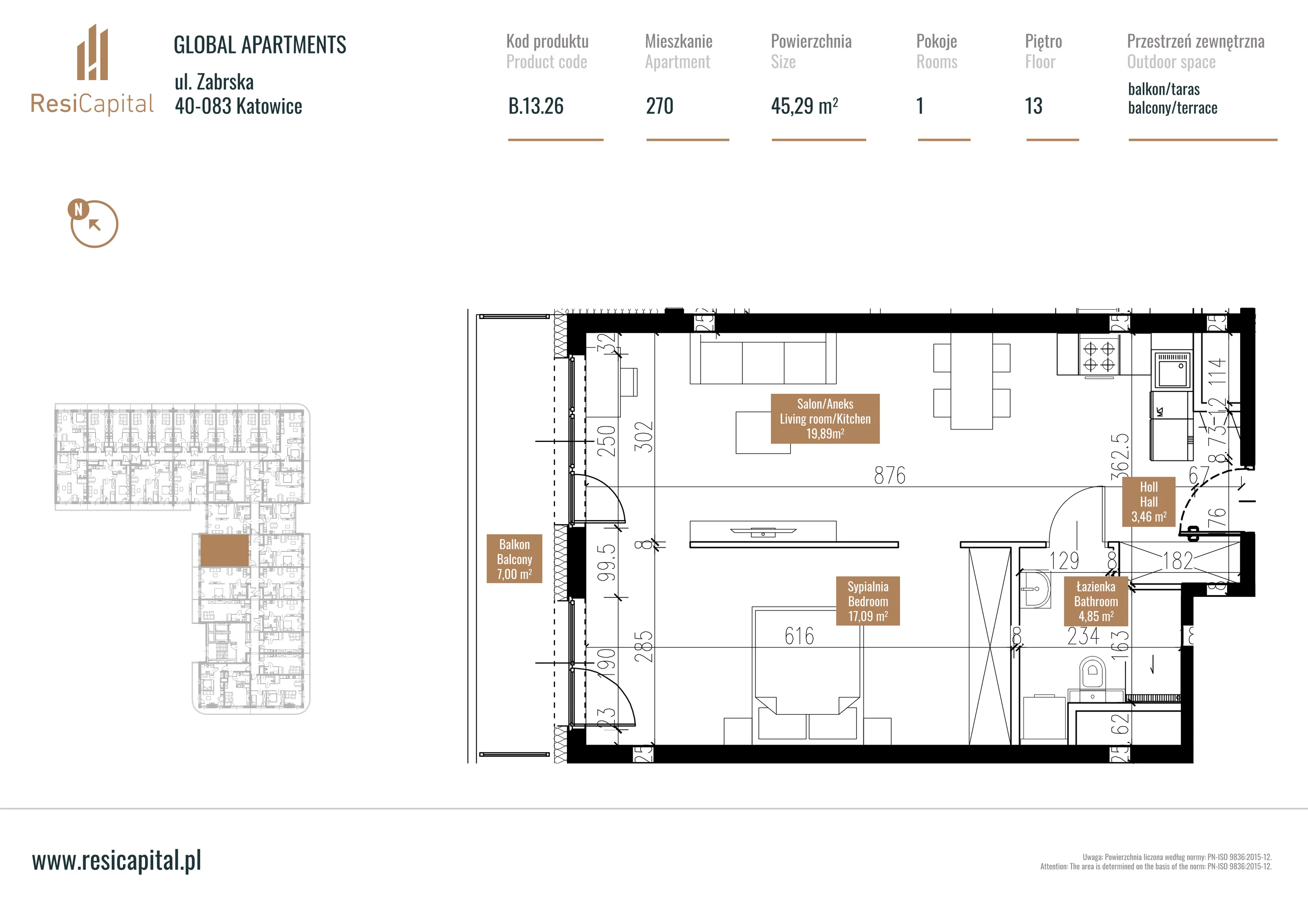 Mieszkanie 50,68 m², piętro 12, oferta nr B.13.26, Global Apartments, Katowice, Śródmieście, ul. Zabrska 15