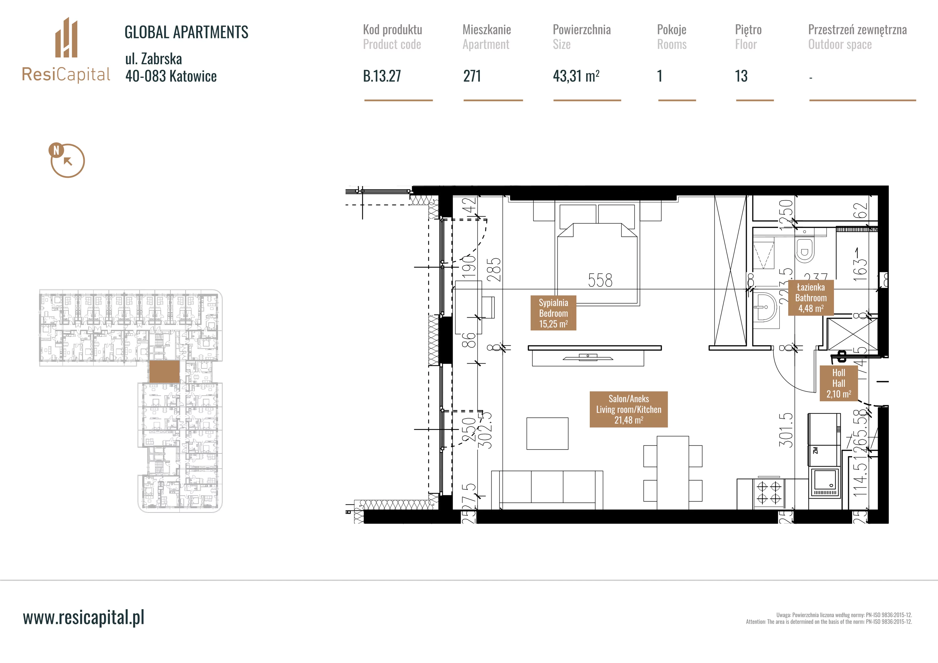 Mieszkanie 43,65 m², piętro 12, oferta nr B.13.27, Global Apartments, Katowice, Śródmieście, ul. Zabrska 15