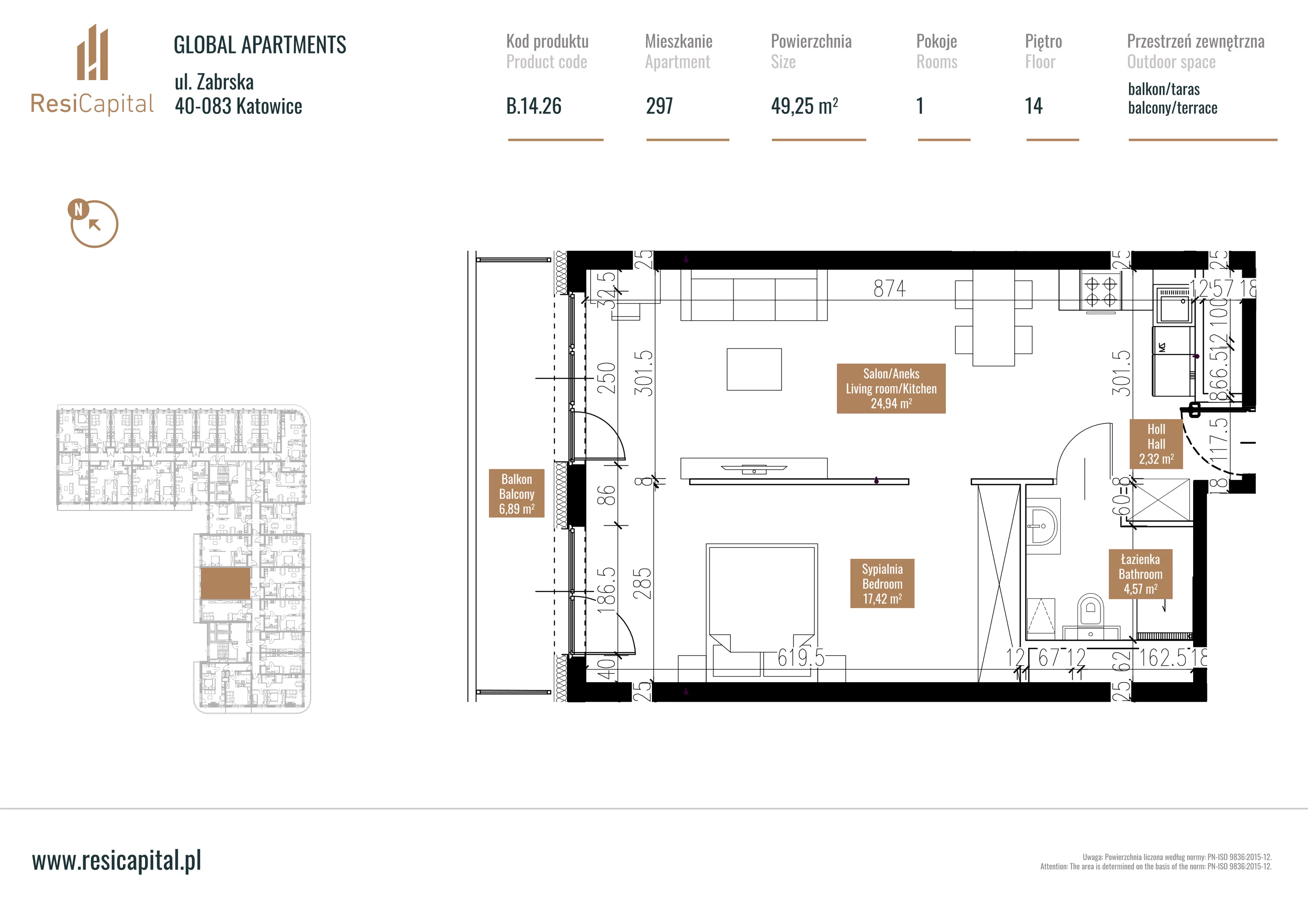 Mieszkanie 49,41 m², piętro 13, oferta nr B.14.26, Global Apartments, Katowice, Śródmieście, ul. Zabrska 15