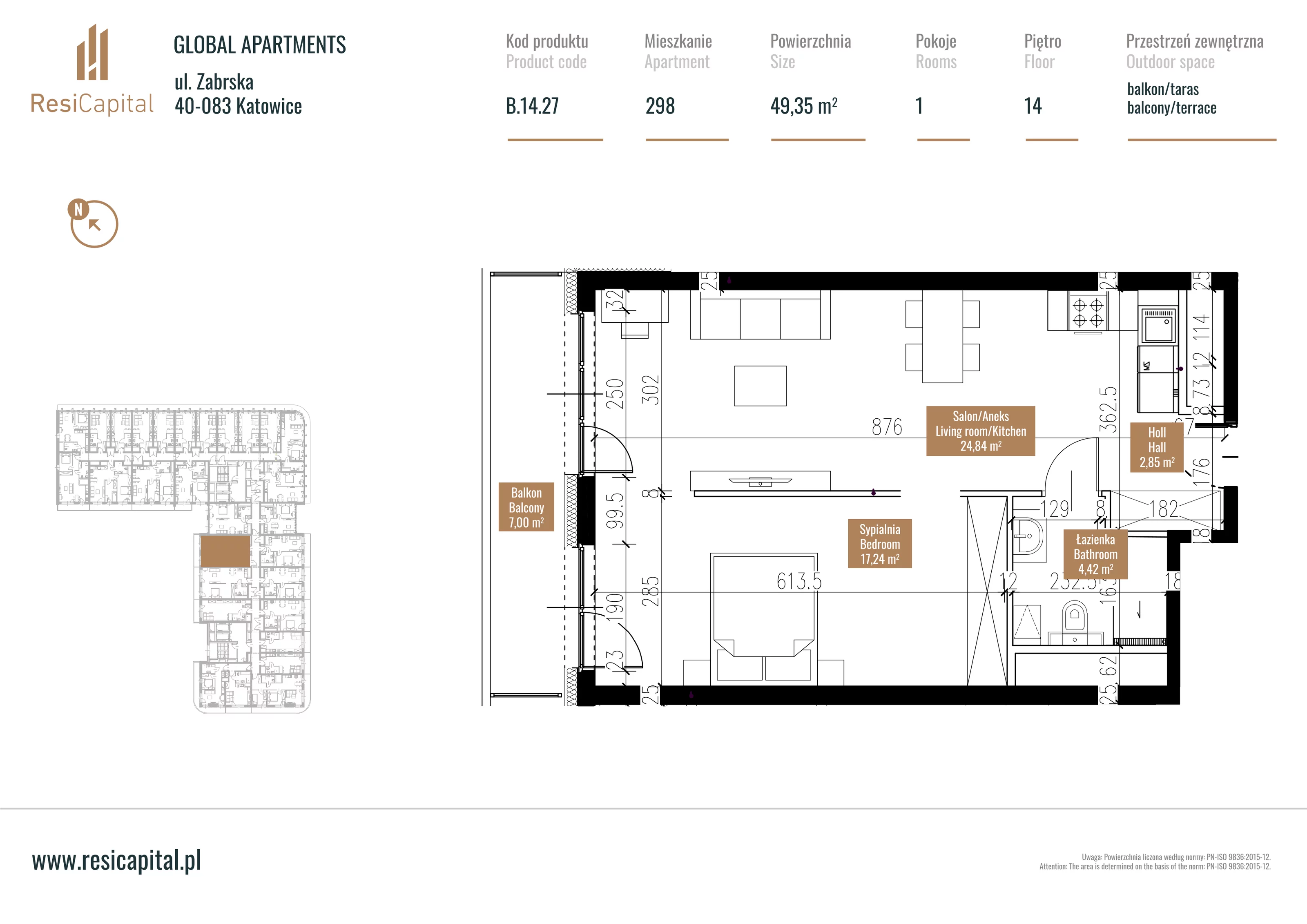 Mieszkanie 49,62 m², piętro 13, oferta nr B.14.27, Global Apartments, Katowice, Śródmieście, ul. Zabrska 15