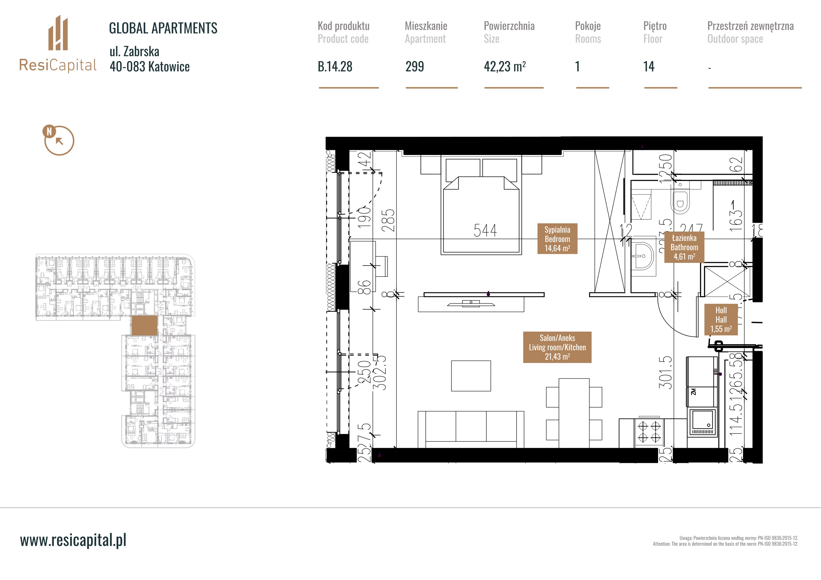 Mieszkanie 42,62 m², piętro 13, oferta nr B.14.28, Global Apartments, Katowice, Śródmieście, ul. Zabrska 15