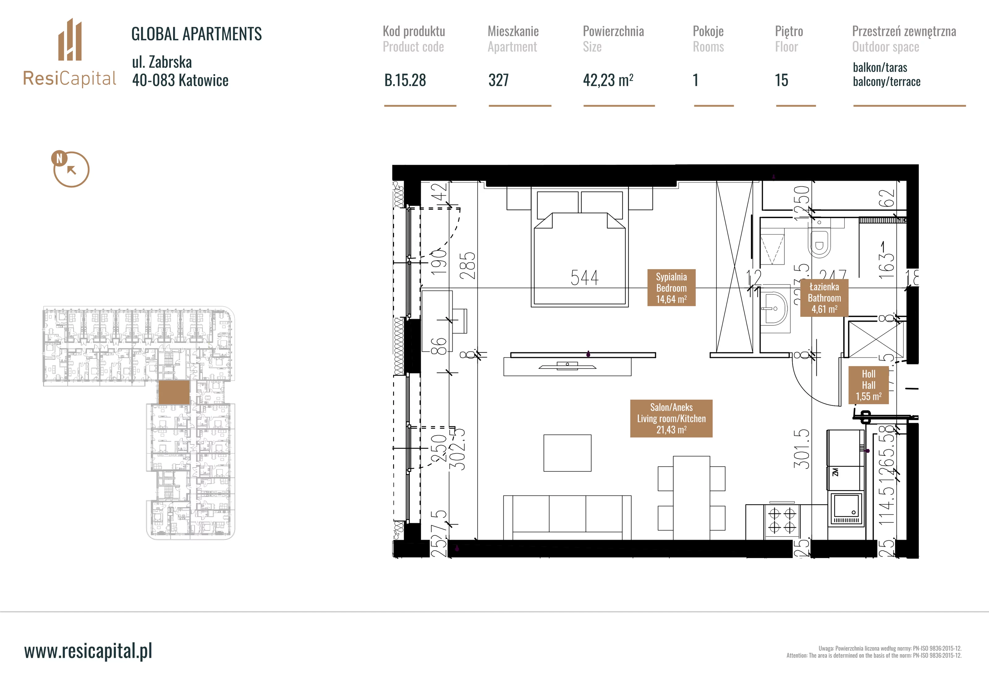 Mieszkanie 42,38 m², piętro 14, oferta nr B.15.28, Global Apartments, Katowice, Śródmieście, ul. Zabrska 15