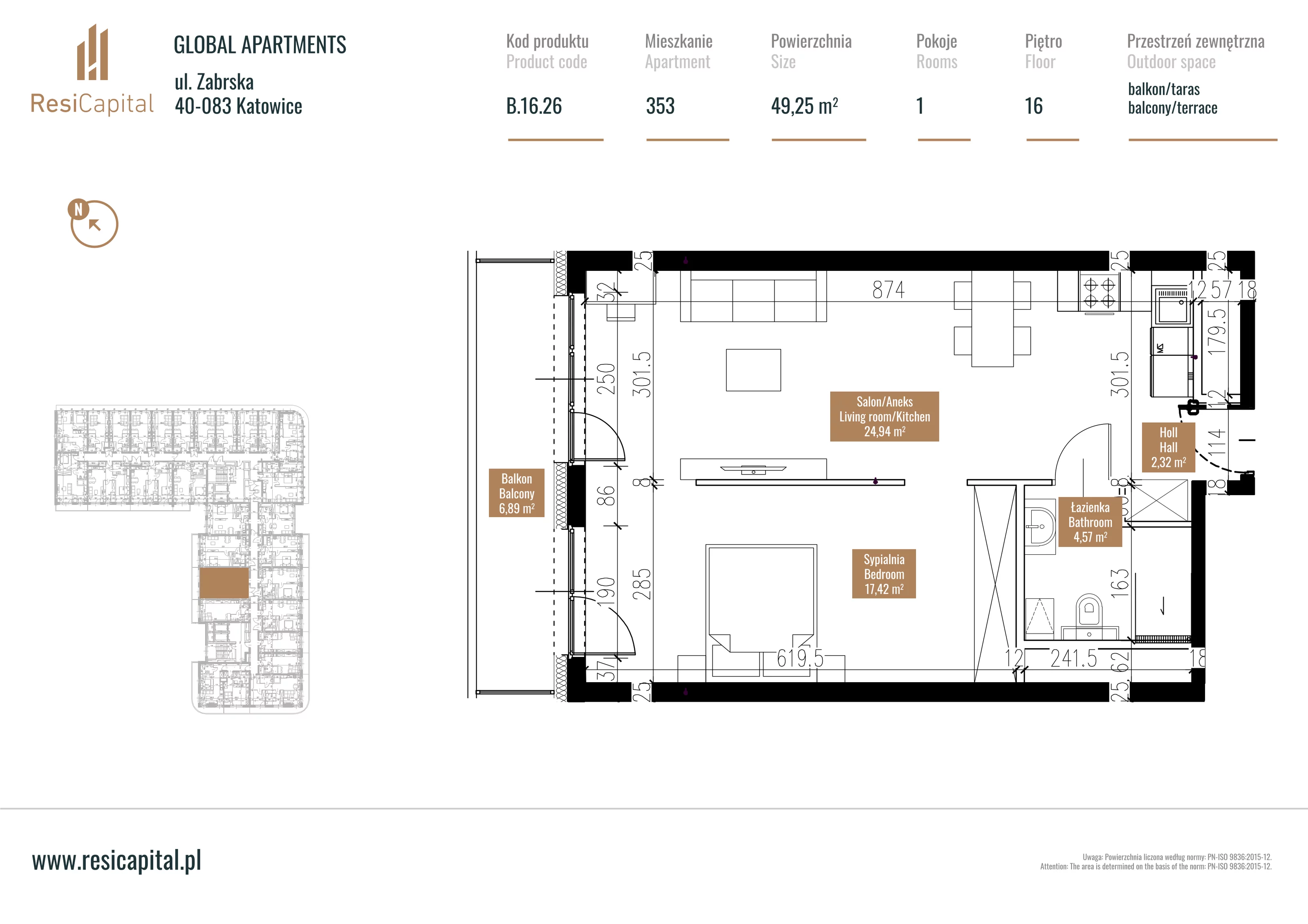 Mieszkanie 49,44 m², piętro 15, oferta nr B.16.26, Global Apartments, Katowice, Śródmieście, ul. Zabrska 15