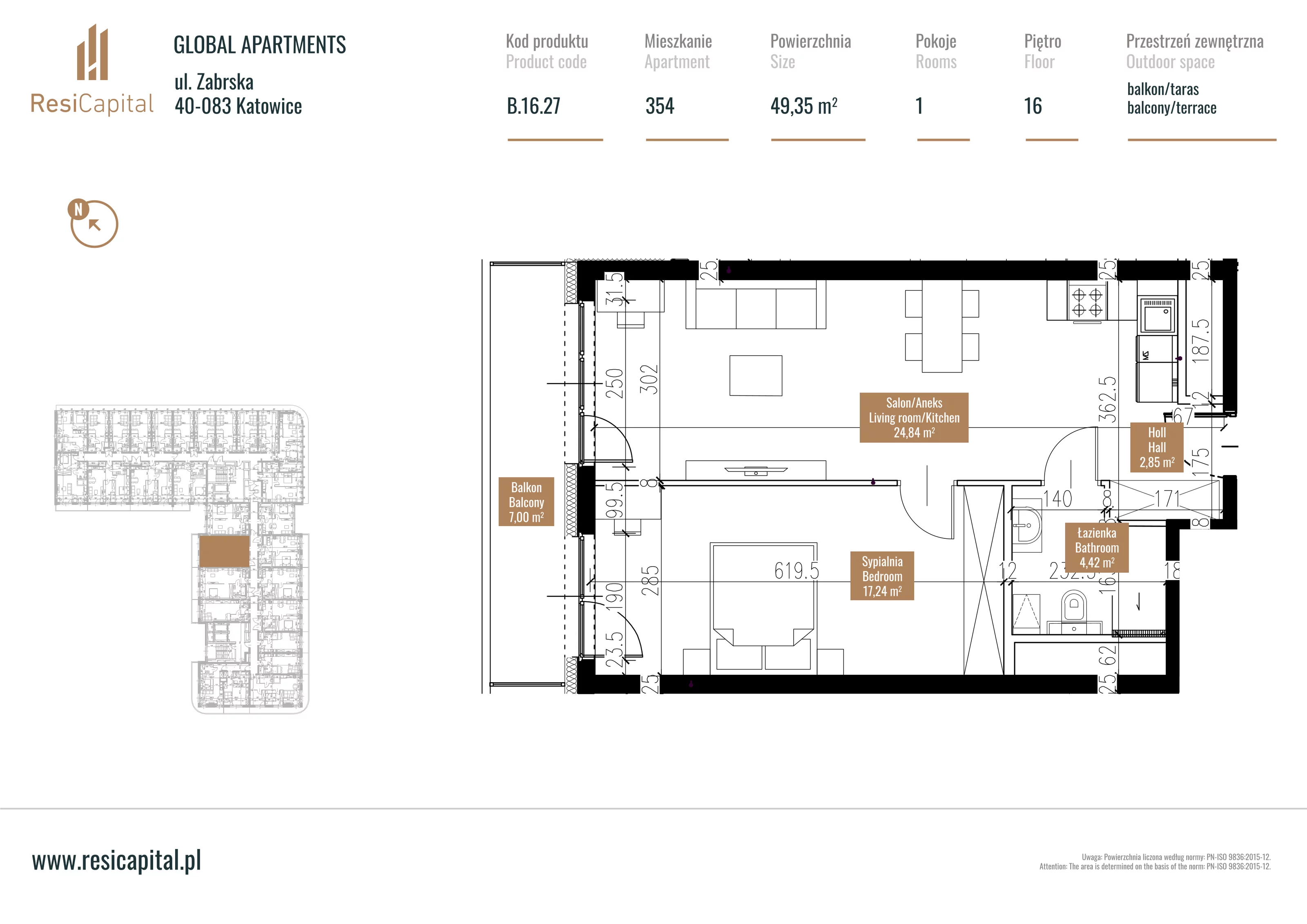 Mieszkanie 49,69 m², piętro 15, oferta nr B.16.27, Global Apartments, Katowice, Śródmieście, ul. Zabrska 15