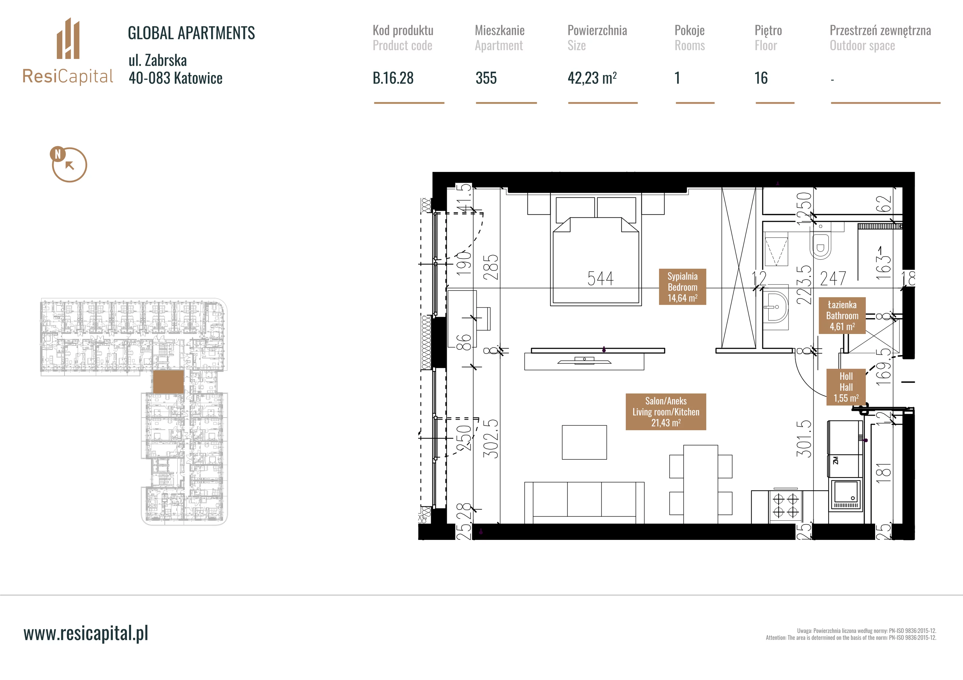 Mieszkanie 42,48 m², piętro 15, oferta nr B.16.28, Global Apartments, Katowice, Śródmieście, ul. Zabrska 15