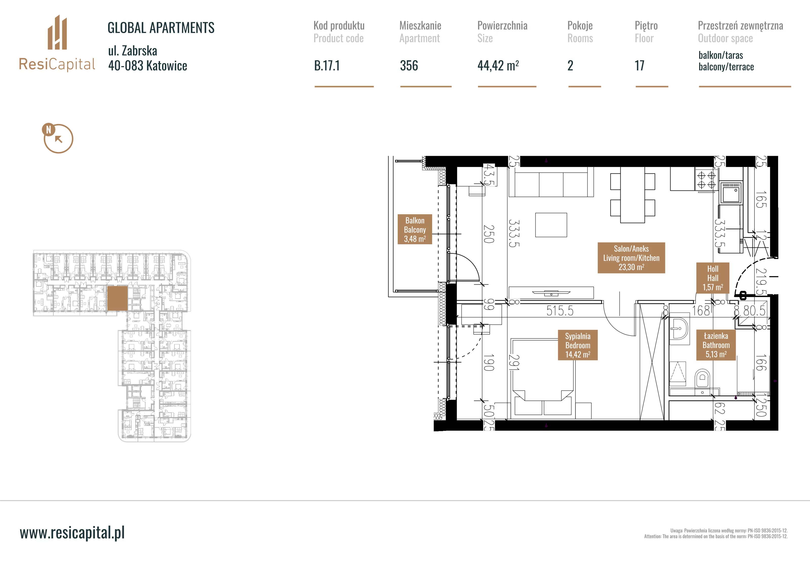 Mieszkanie 44,54 m², piętro 16, oferta nr B.17.01, Global Apartments, Katowice, Śródmieście, ul. Zabrska 15