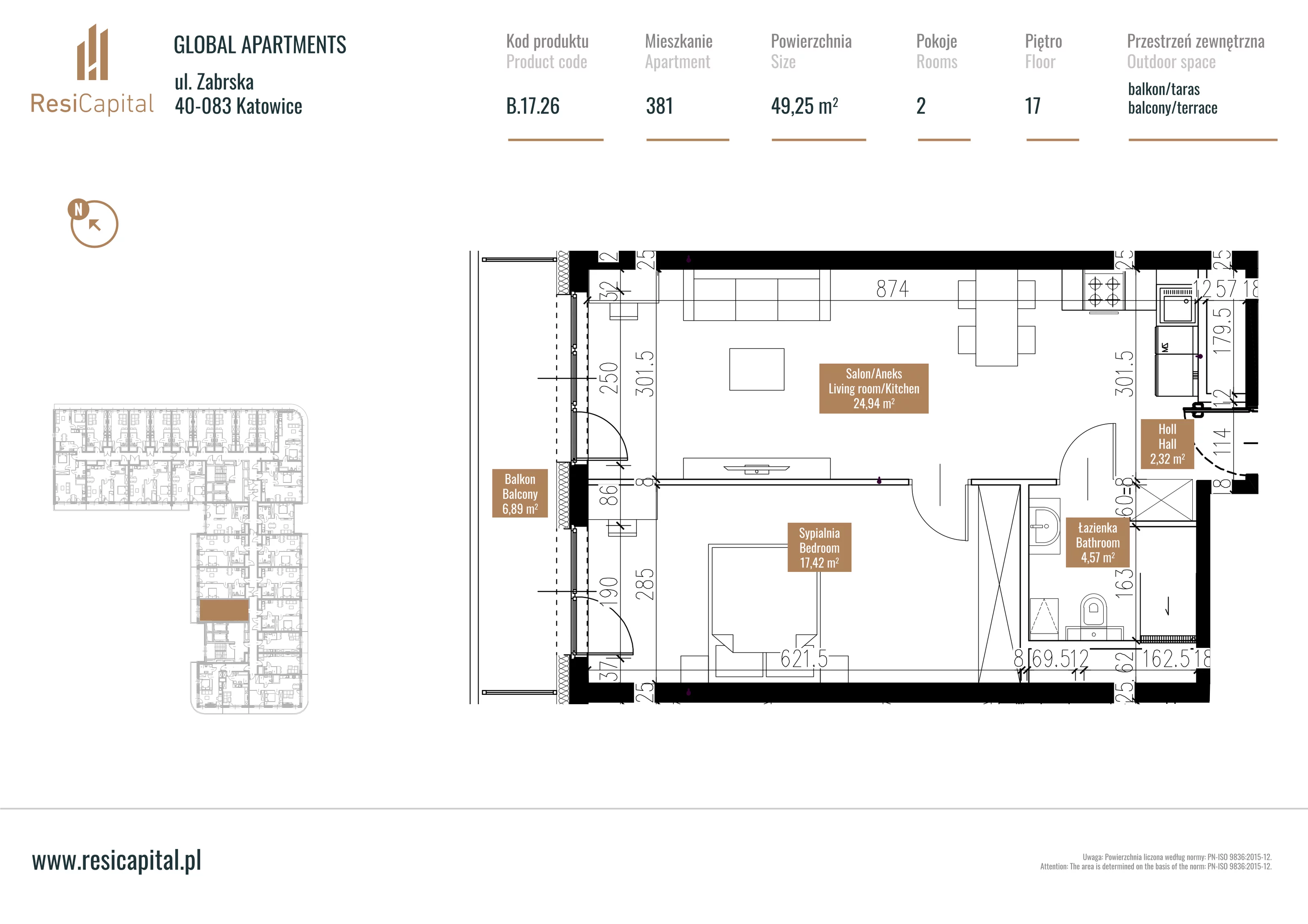 Mieszkanie 49,59 m², piętro 16, oferta nr B.17.26, Global Apartments, Katowice, Śródmieście, ul. Zabrska 15