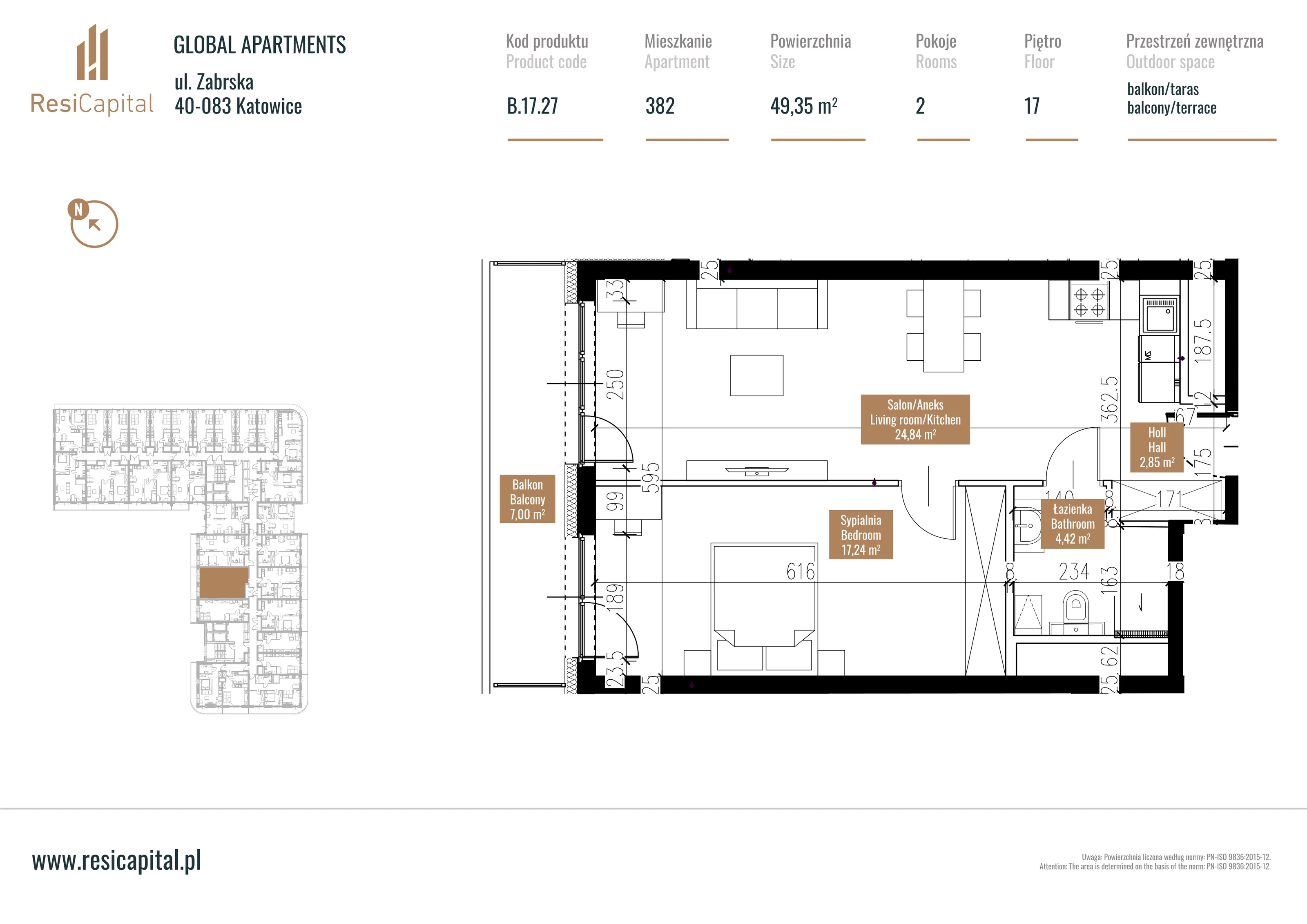 Mieszkanie 49,67 m², piętro 16, oferta nr B.17.27, Global Apartments, Katowice, Śródmieście, ul. Zabrska 15