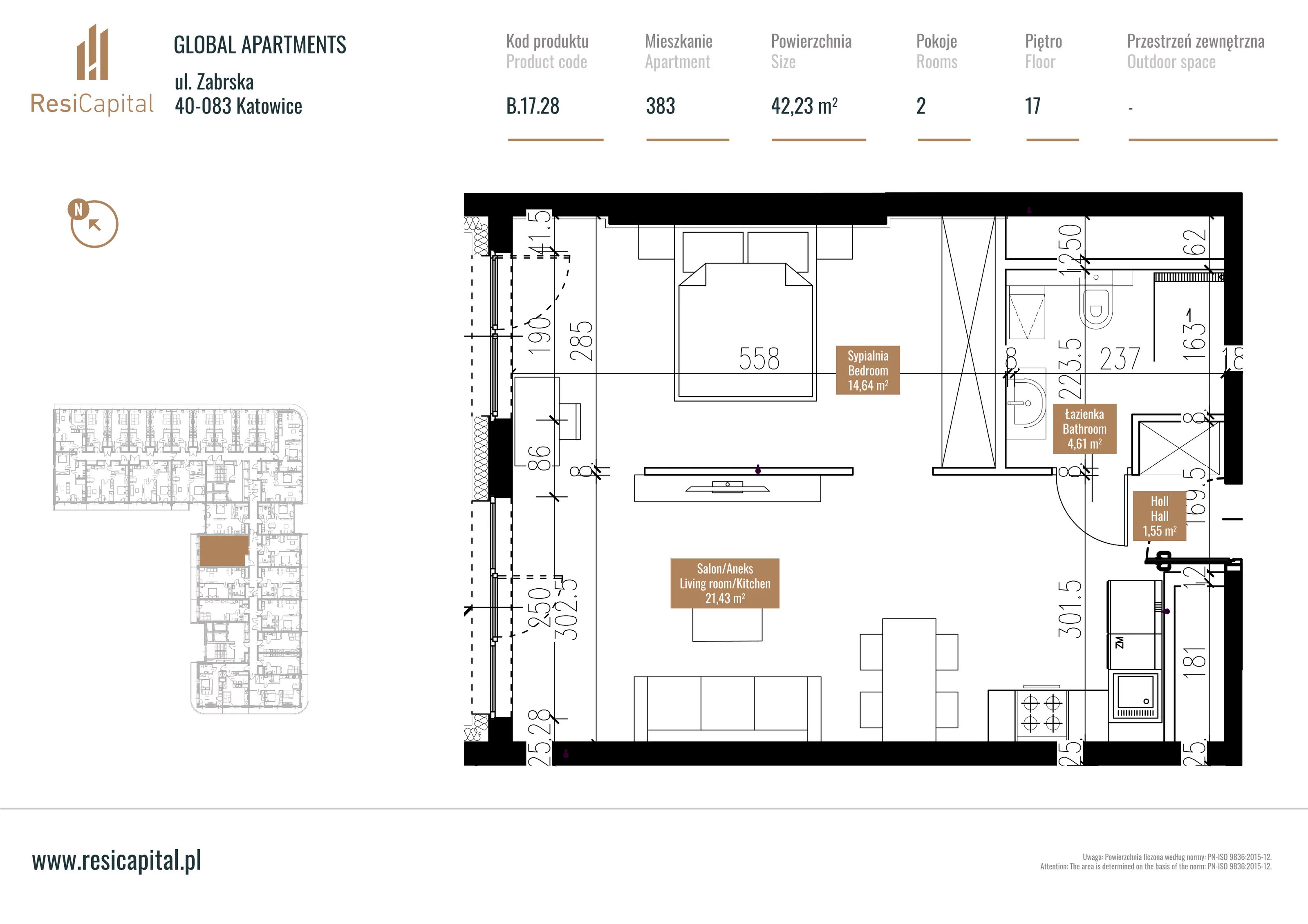 Mieszkanie 42,76 m², piętro 16, oferta nr B.17.28, Global Apartments, Katowice, Śródmieście, ul. Zabrska 15